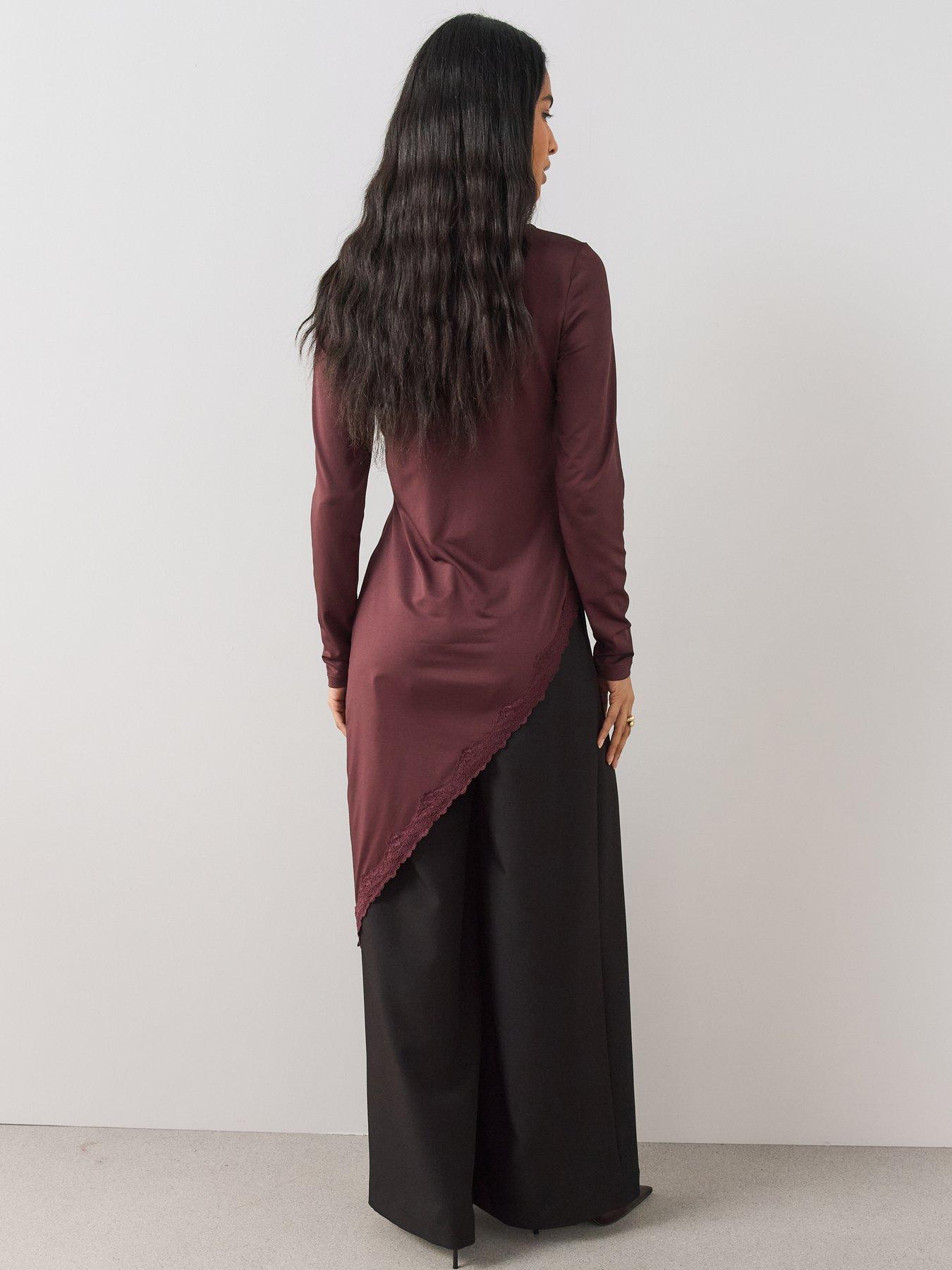 Image 5 of 7 of The Very Collection Womens Asymmetric Lace Trim Midaxi Top - Burgundy