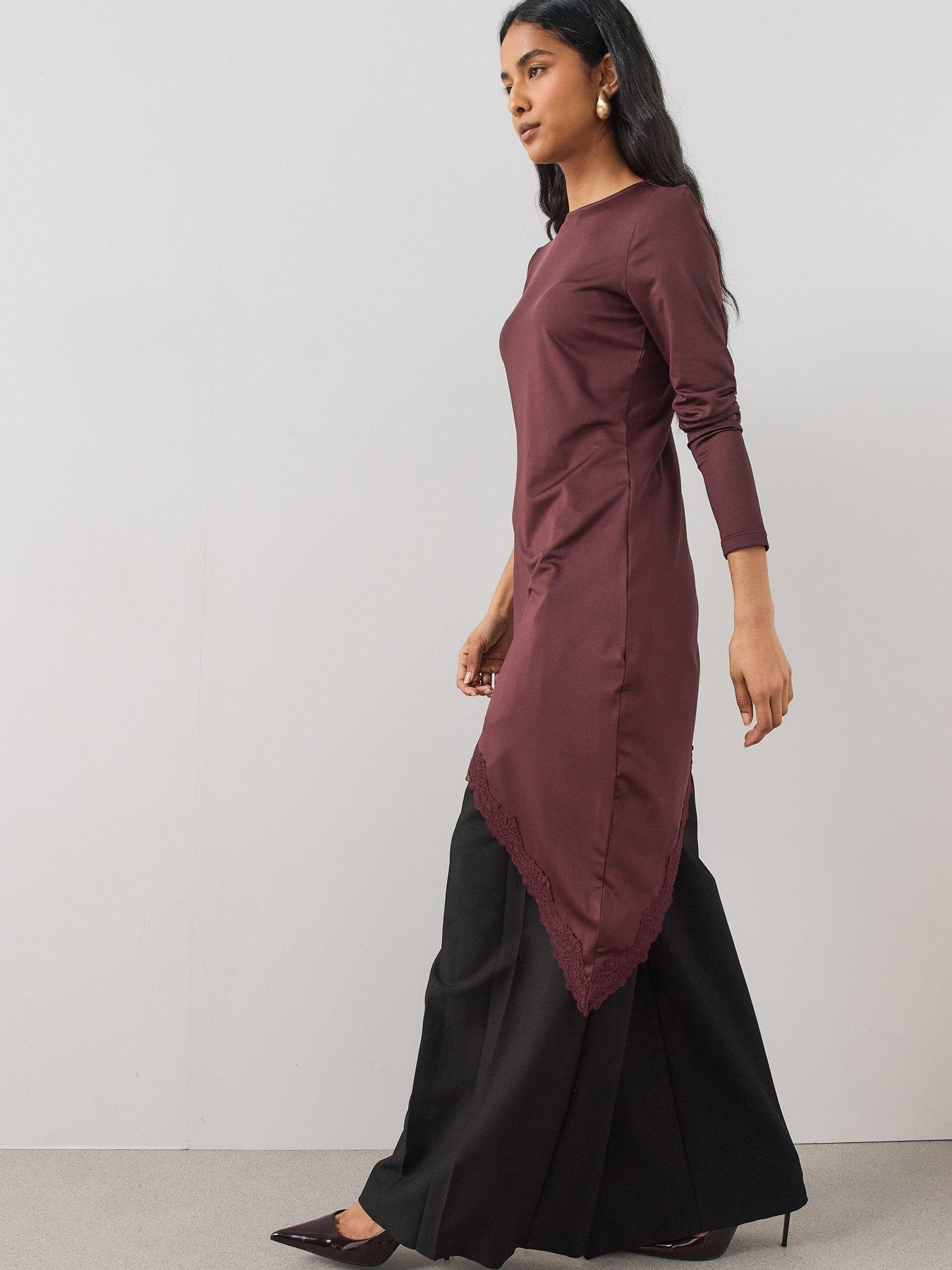 Image 6 of 7 of The Very Collection Womens Asymmetric Lace Trim Midaxi Top - Burgundy