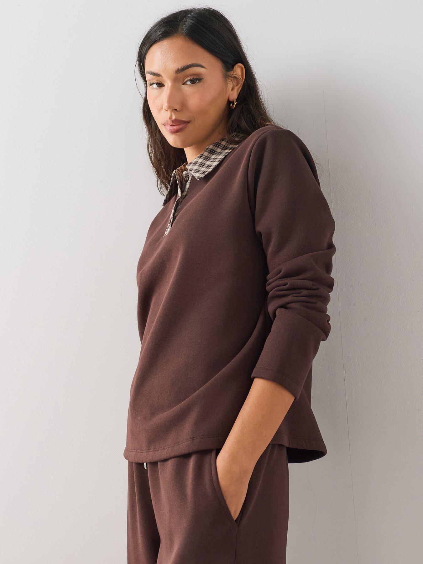 The Very Collection Check Collar Long Sleeve Polo Co-Ord - Brown