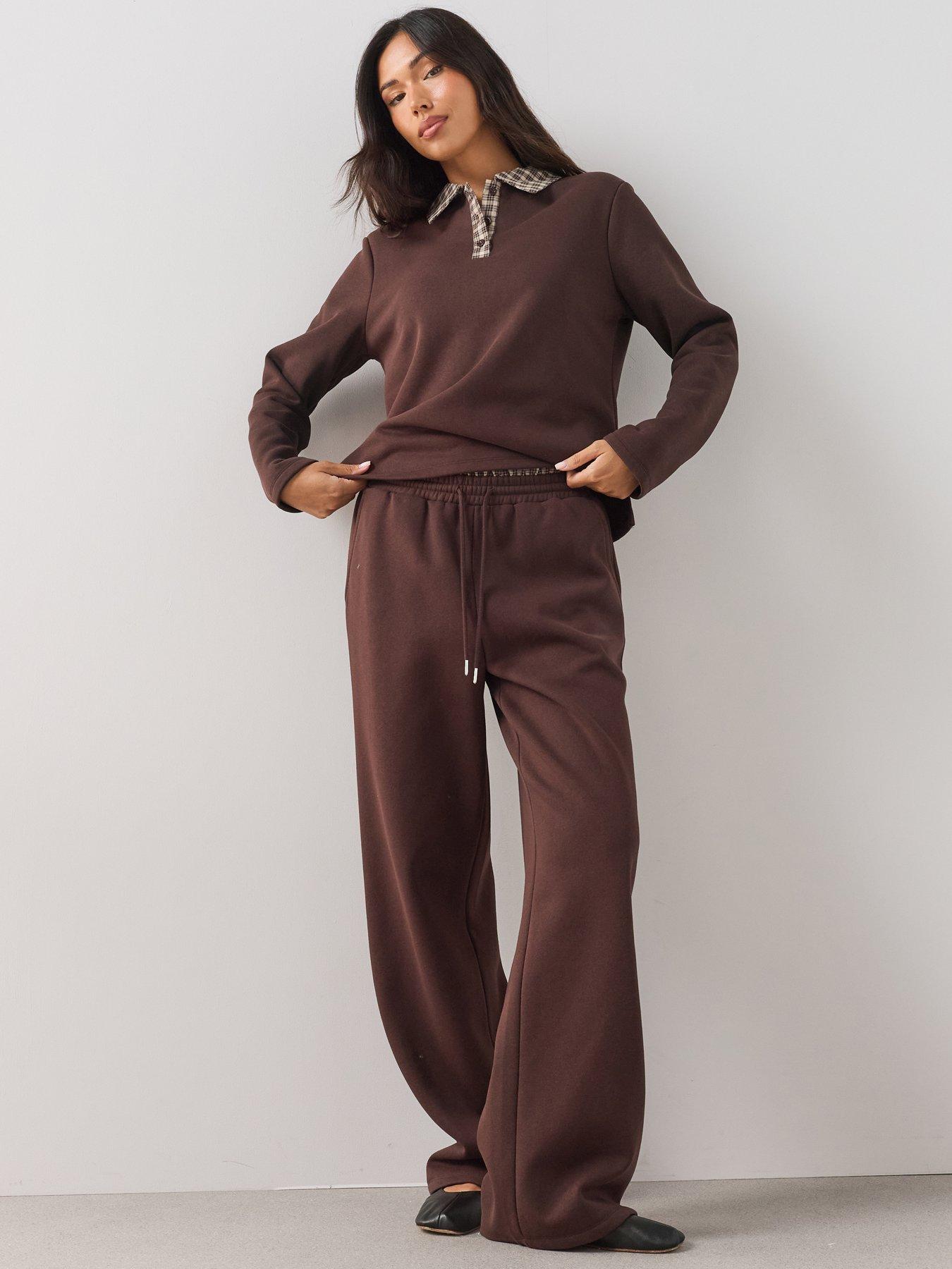 Image 1 of 7 of The Very Collection Check Waist Wide Leg Co-Ord Trousers - Brown
