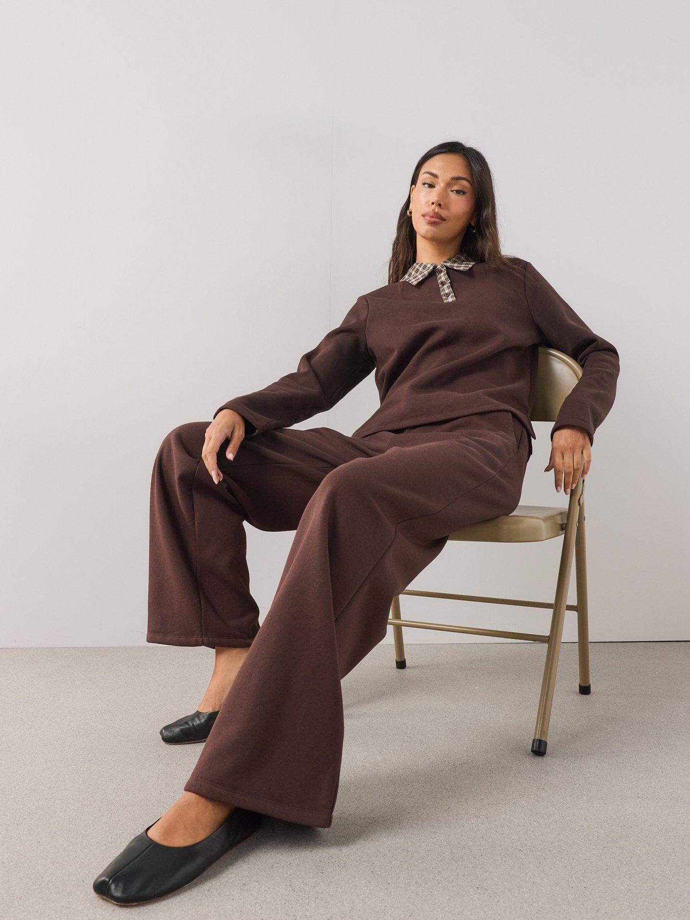 Image 5 of 7 of The Very Collection Check Waist Wide Leg Co-Ord Trousers - Brown