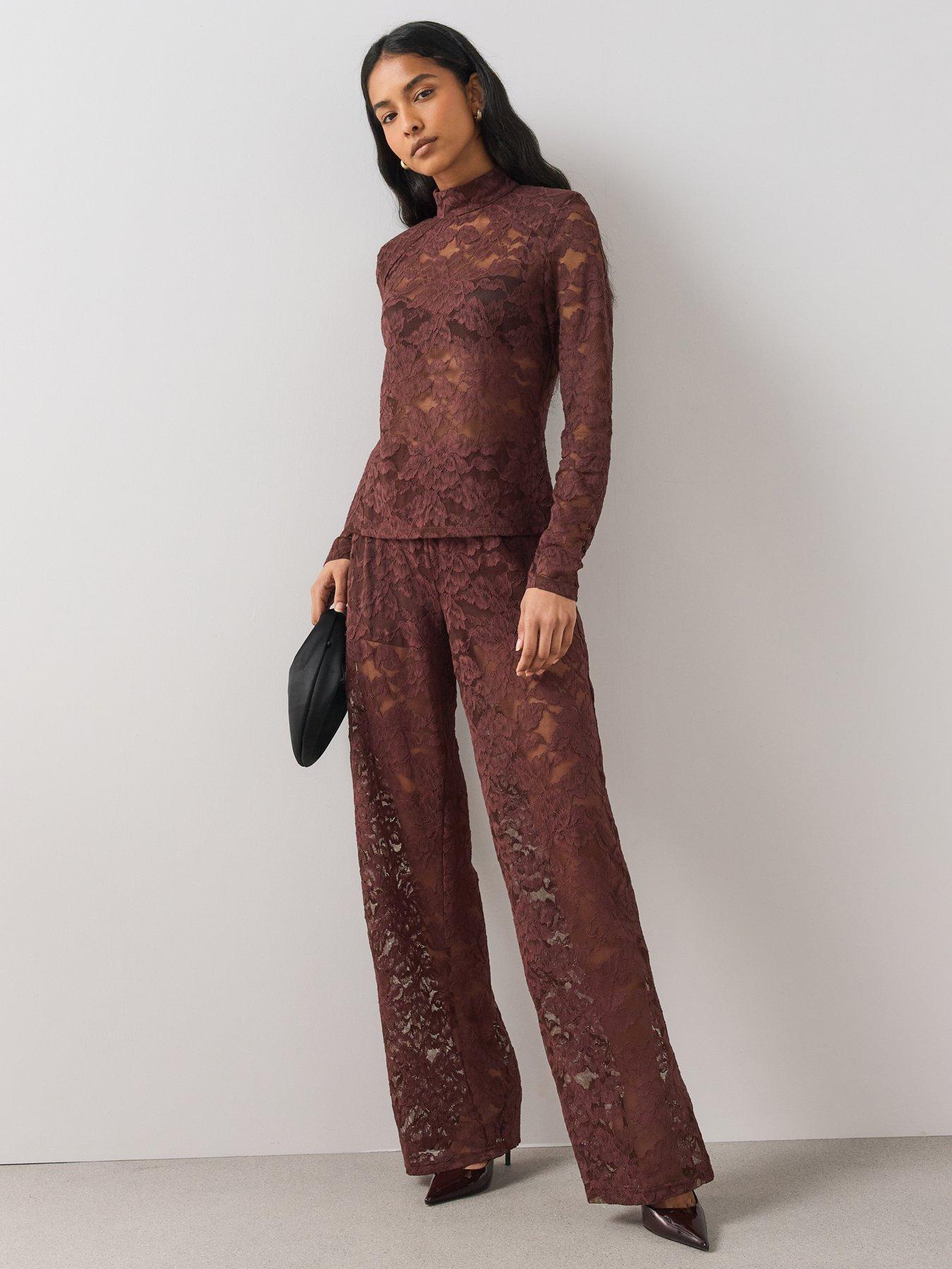 Image 3 of 7 of The Very Collection Womens Lace Wide Leg Trousers - Brown
