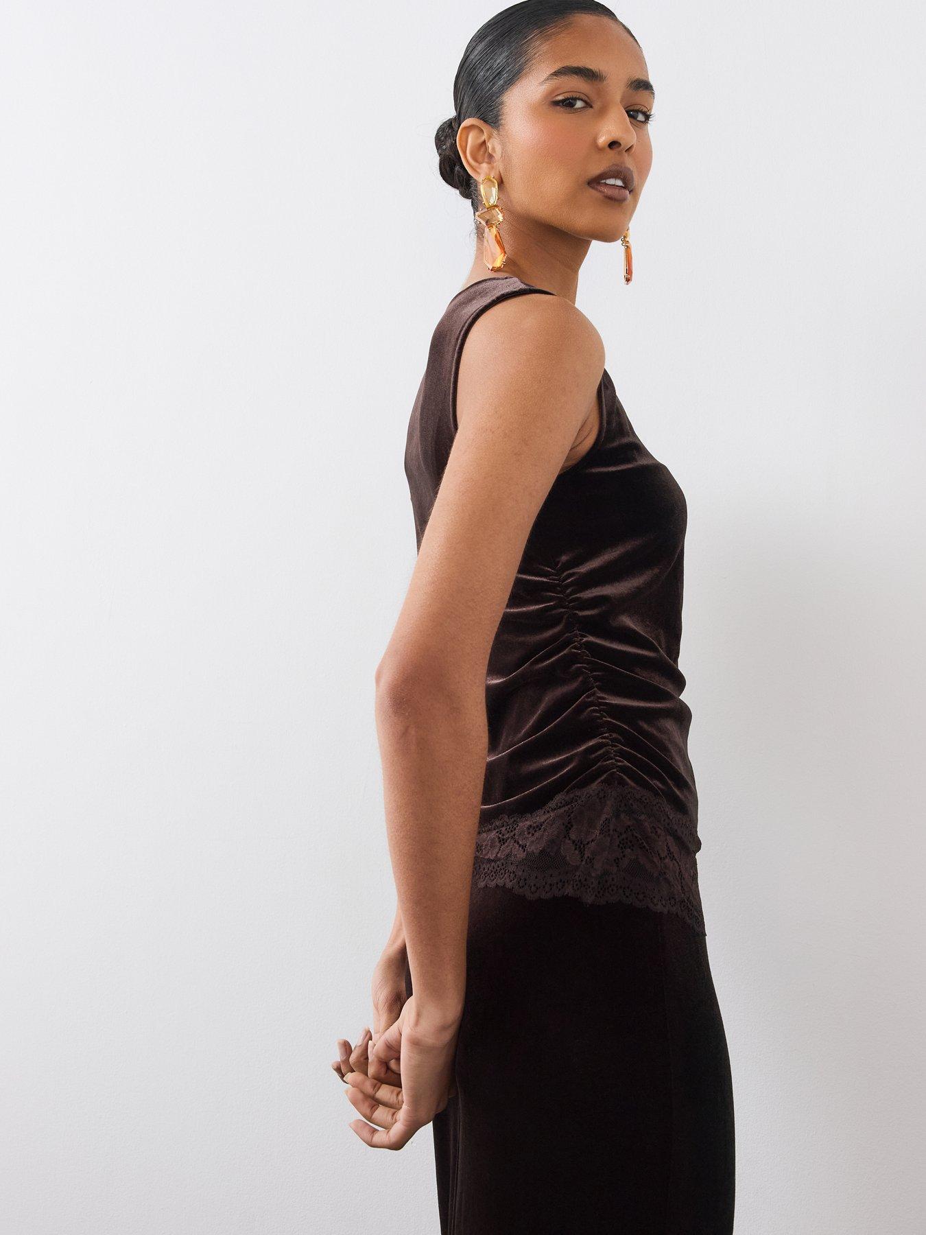 Image 4 of 6 of The Very Collection Womens Lace Hem Ruched Sleeveless Top - Brown