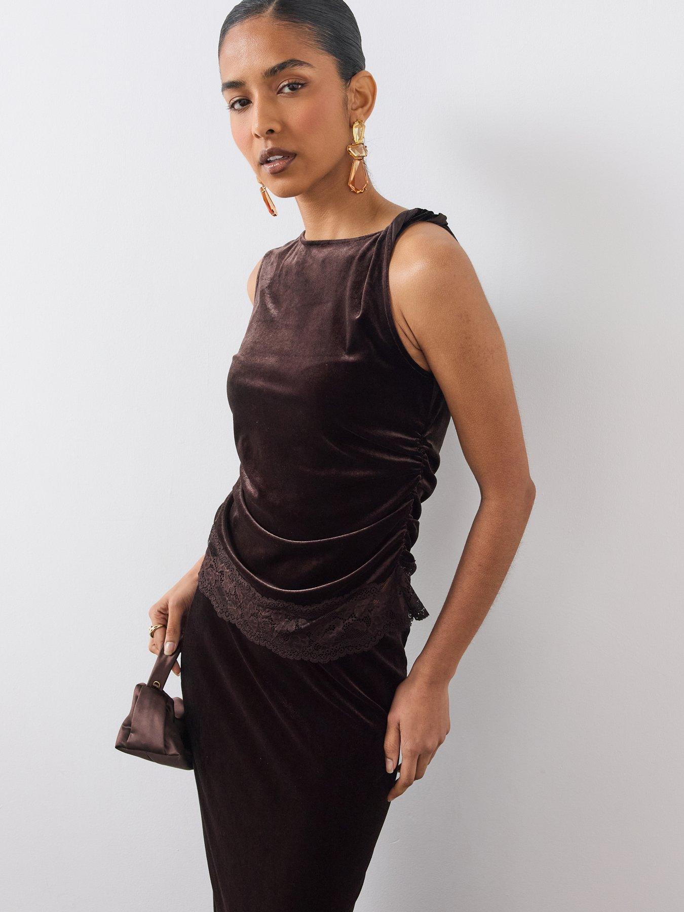 Image 6 of 6 of The Very Collection Womens Lace Hem Ruched Sleeveless Top - Brown