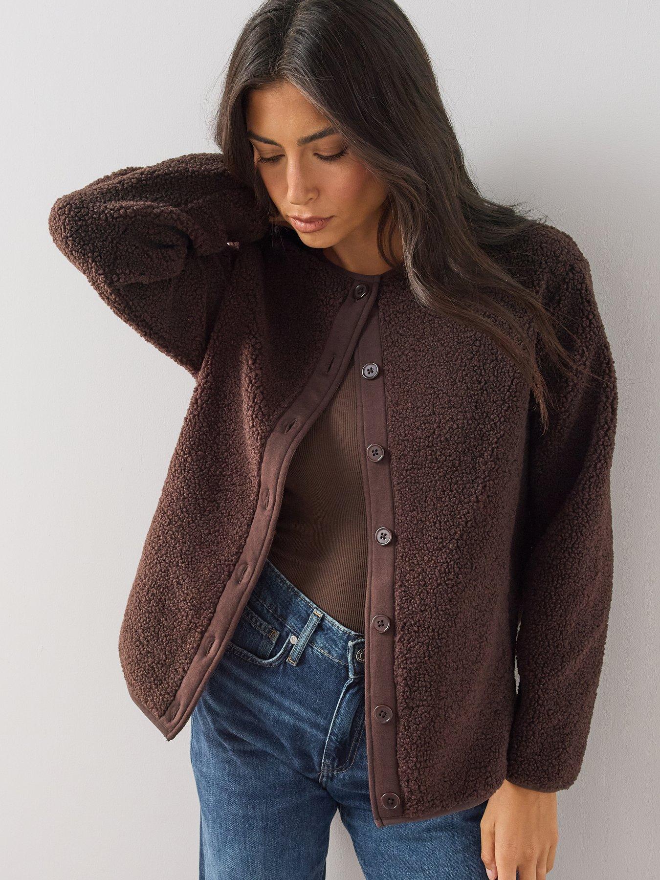 Image 1 of 6 of The Very Collection Button Through Borg Jacket - Brown
