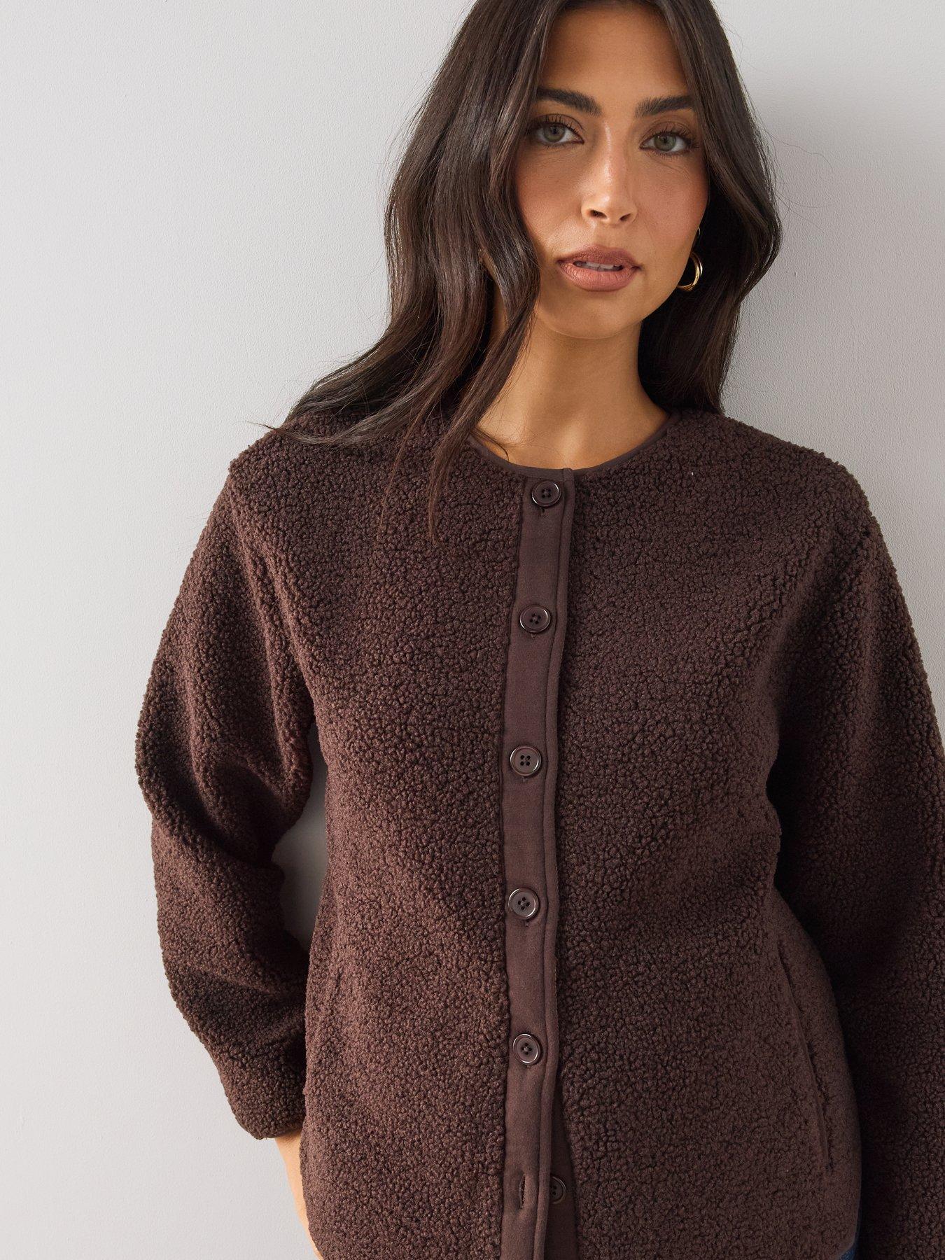 Image 4 of 6 of The Very Collection Button Through Borg Jacket - Brown