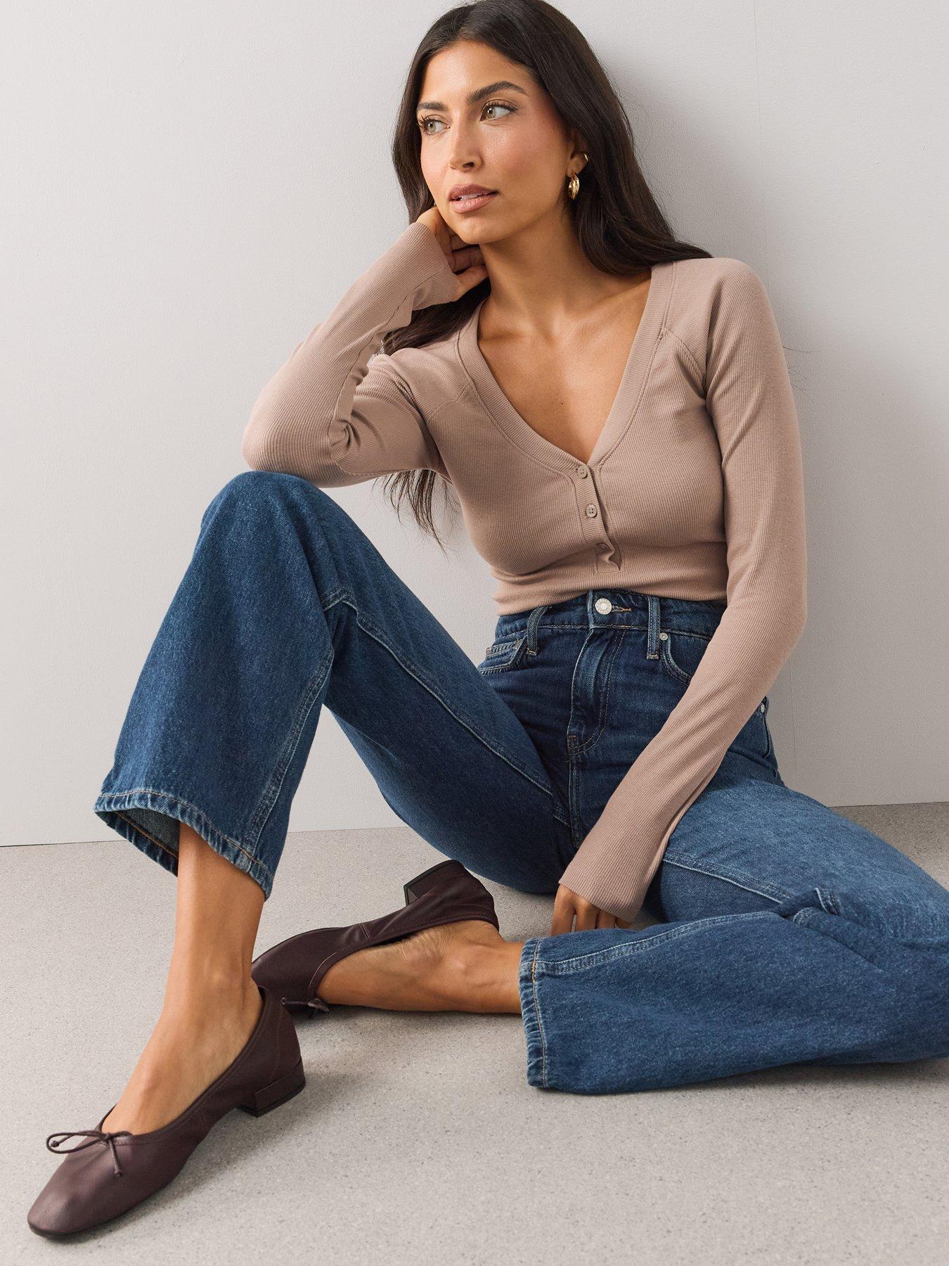 Image 4 of 6 of The Very Collection Long Sleeve Henley Ribbed Jersey Top - Beige