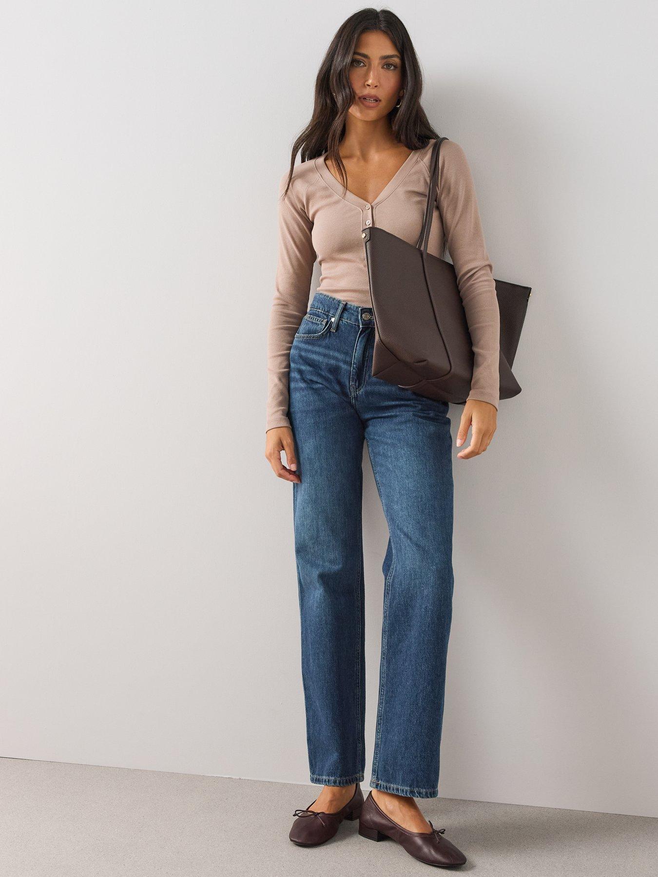 Image 6 of 6 of The Very Collection Long Sleeve Henley Ribbed Jersey Top - Beige