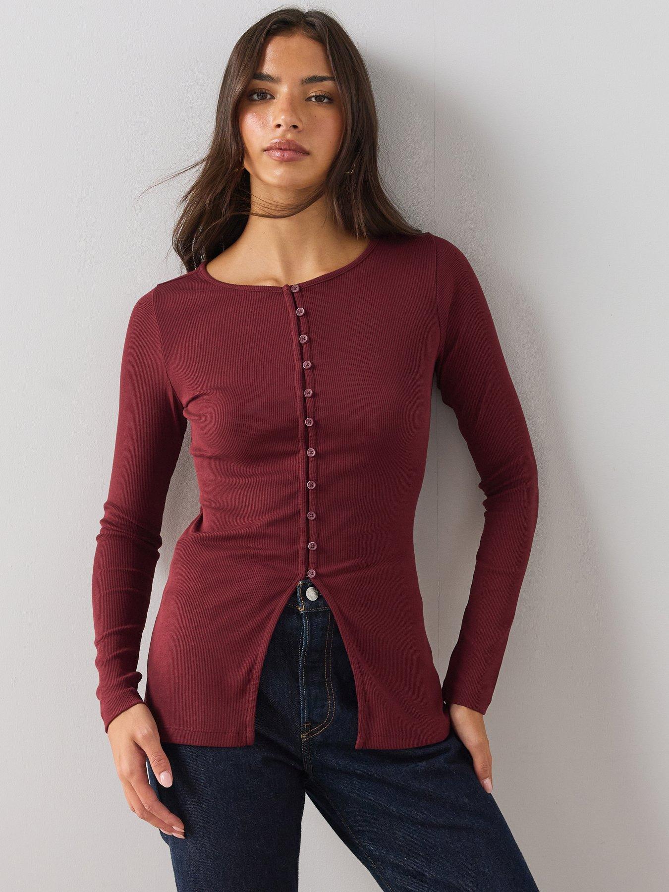 Image 1 of 6 of The Very Collection Womens Button-Through Slit Ribbed Long Sleeve Top&nbsp;- Burgundy