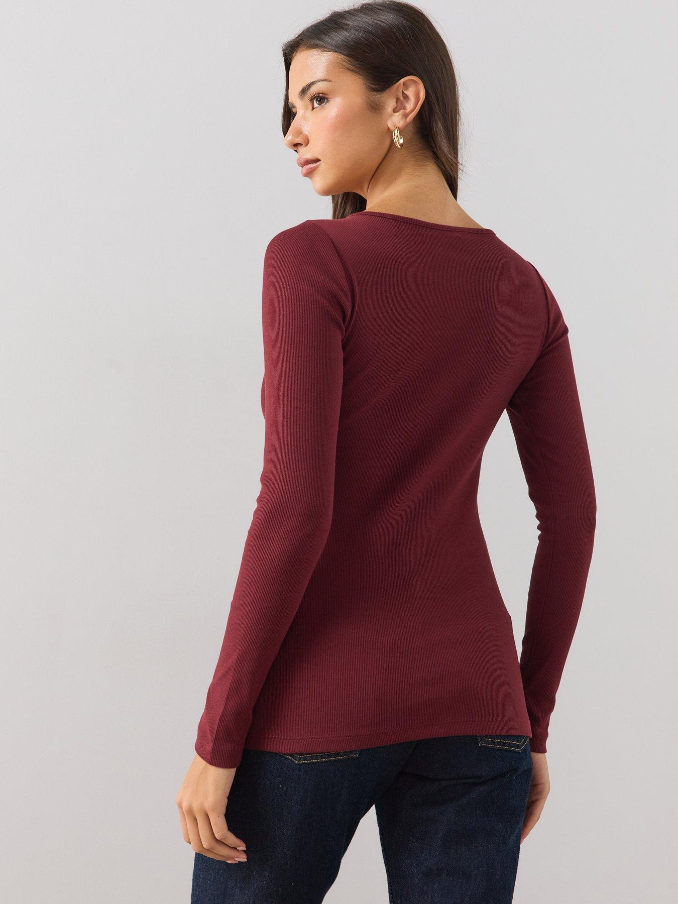 Image 2 of 6 of The Very Collection Womens Button-Through Slit Ribbed Long Sleeve Top&nbsp;- Burgundy
