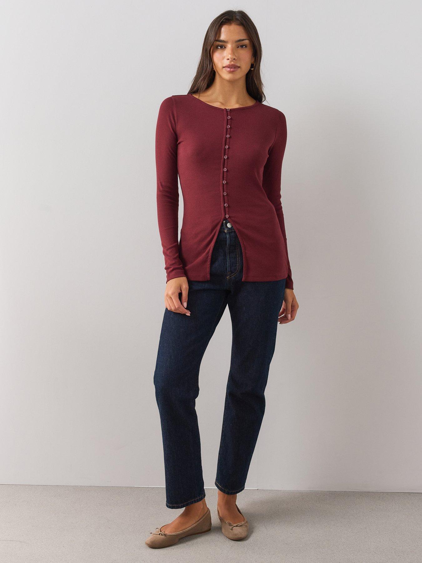 Image 3 of 6 of The Very Collection Womens Button-Through Slit Ribbed Long Sleeve Top&nbsp;- Burgundy