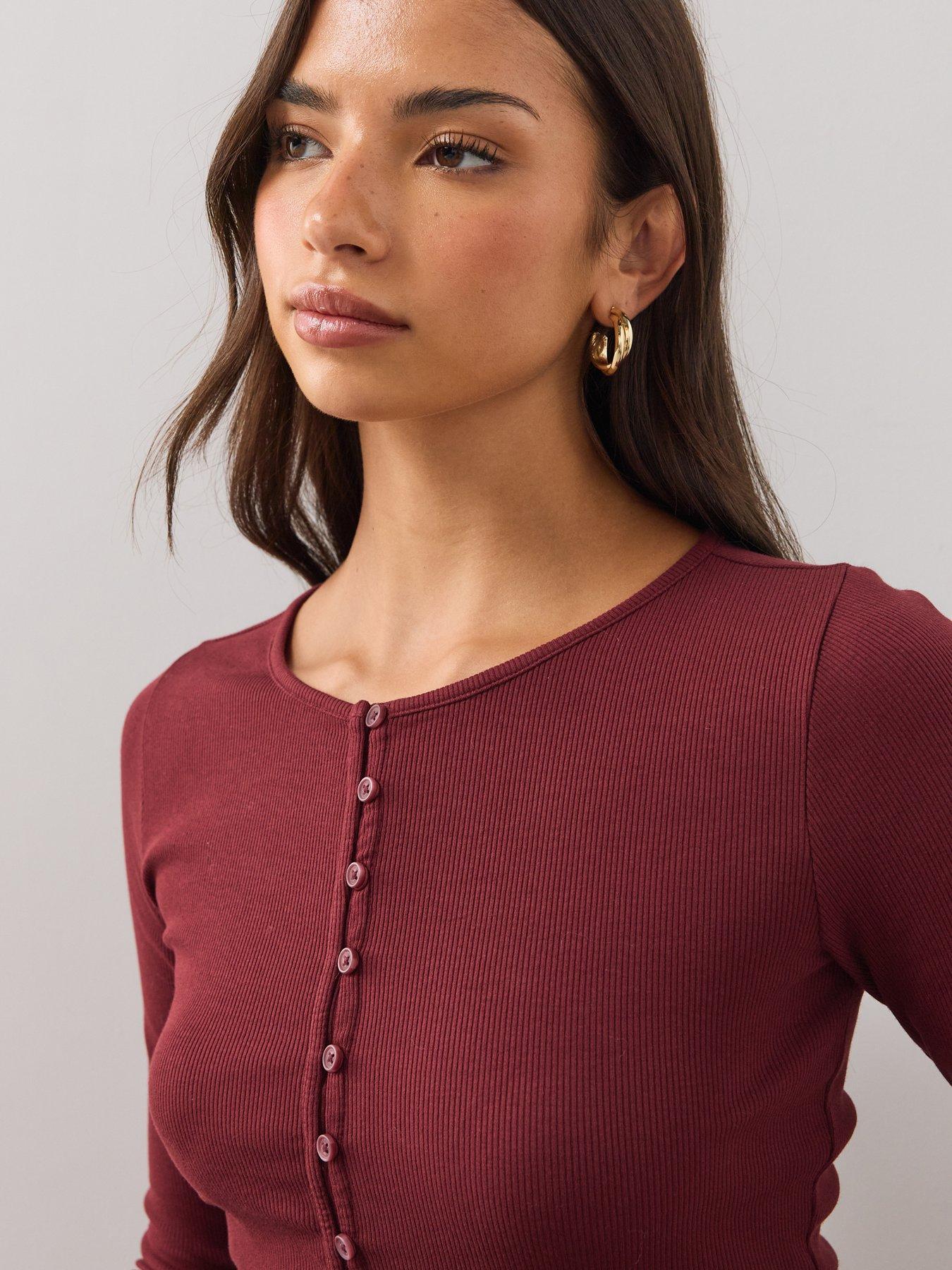 Image 4 of 6 of The Very Collection Womens Button-Through Slit Ribbed Long Sleeve Top&nbsp;- Burgundy