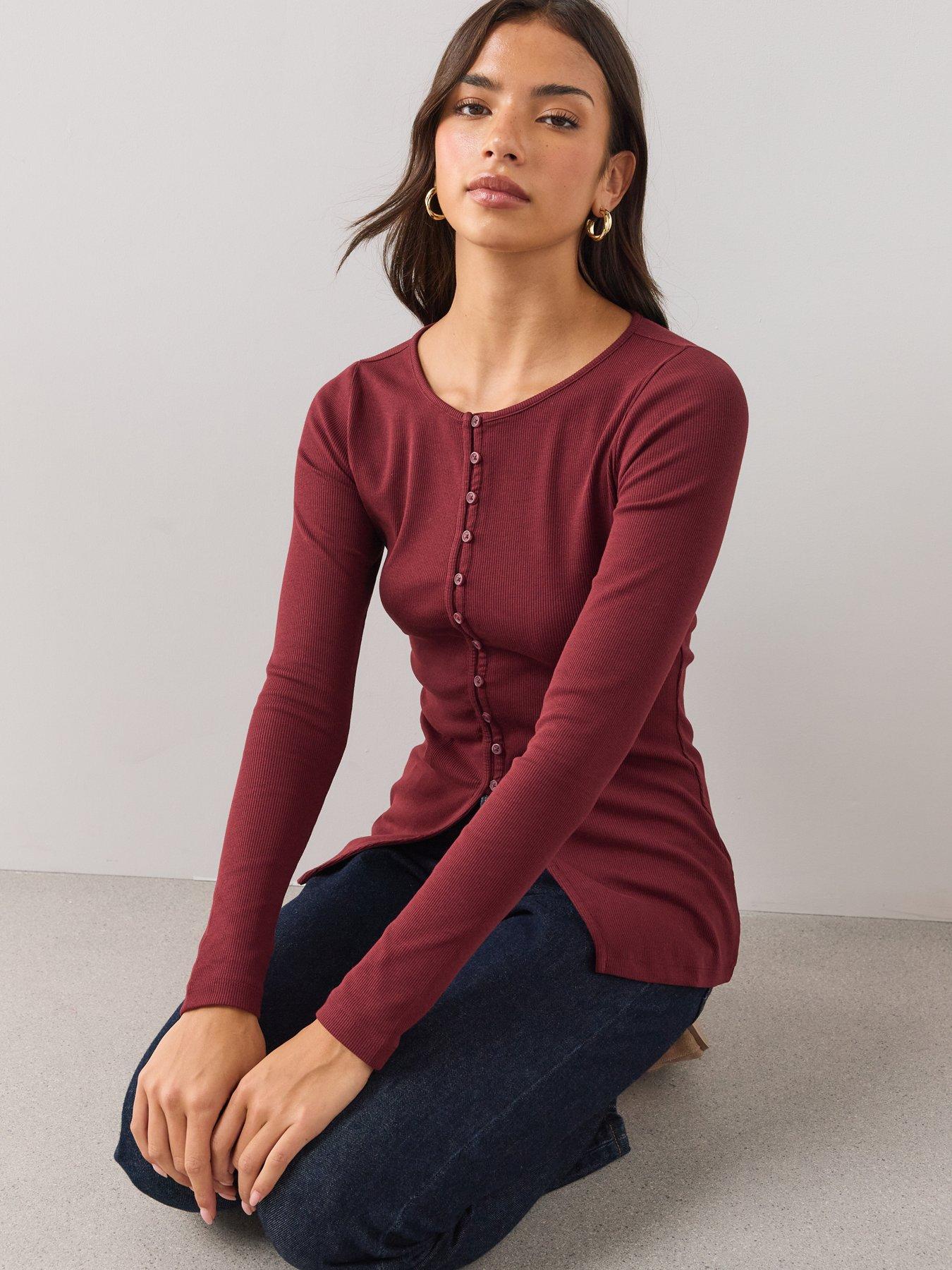 Image 5 of 6 of The Very Collection Womens Button-Through Slit Ribbed Long Sleeve Top&nbsp;- Burgundy