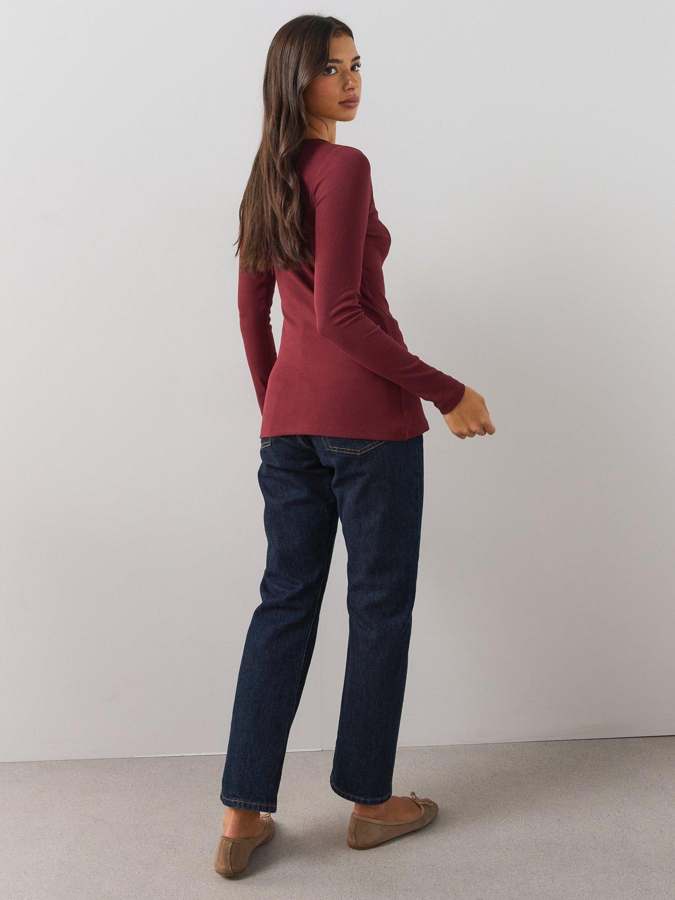 Image 6 of 6 of The Very Collection Womens Button-Through Slit Ribbed Long Sleeve Top&nbsp;- Burgundy