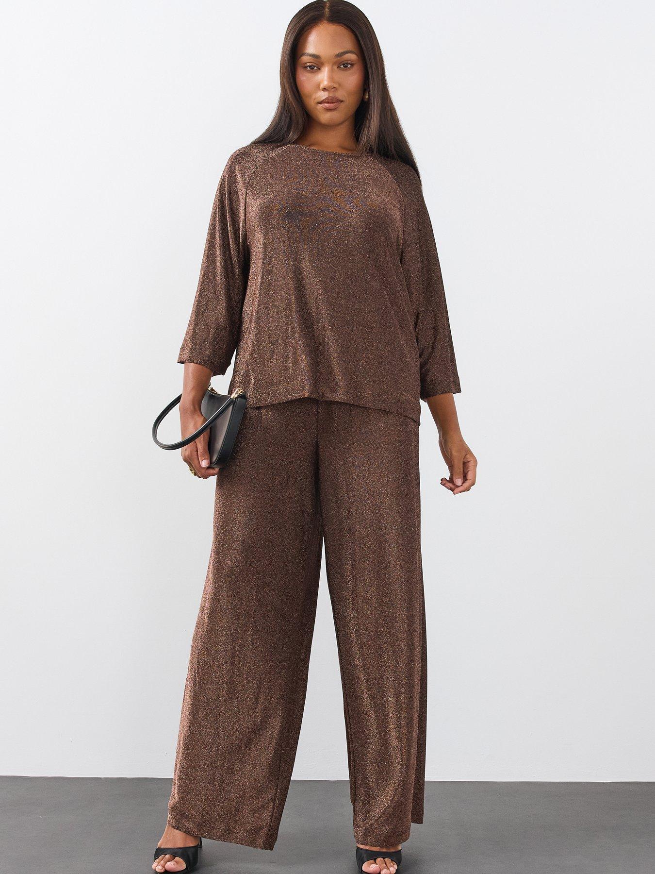 Image 1 of 6 of The Very Collection The Very Collection Womens Curve Lurex Wide Leg Trousers - Bronze