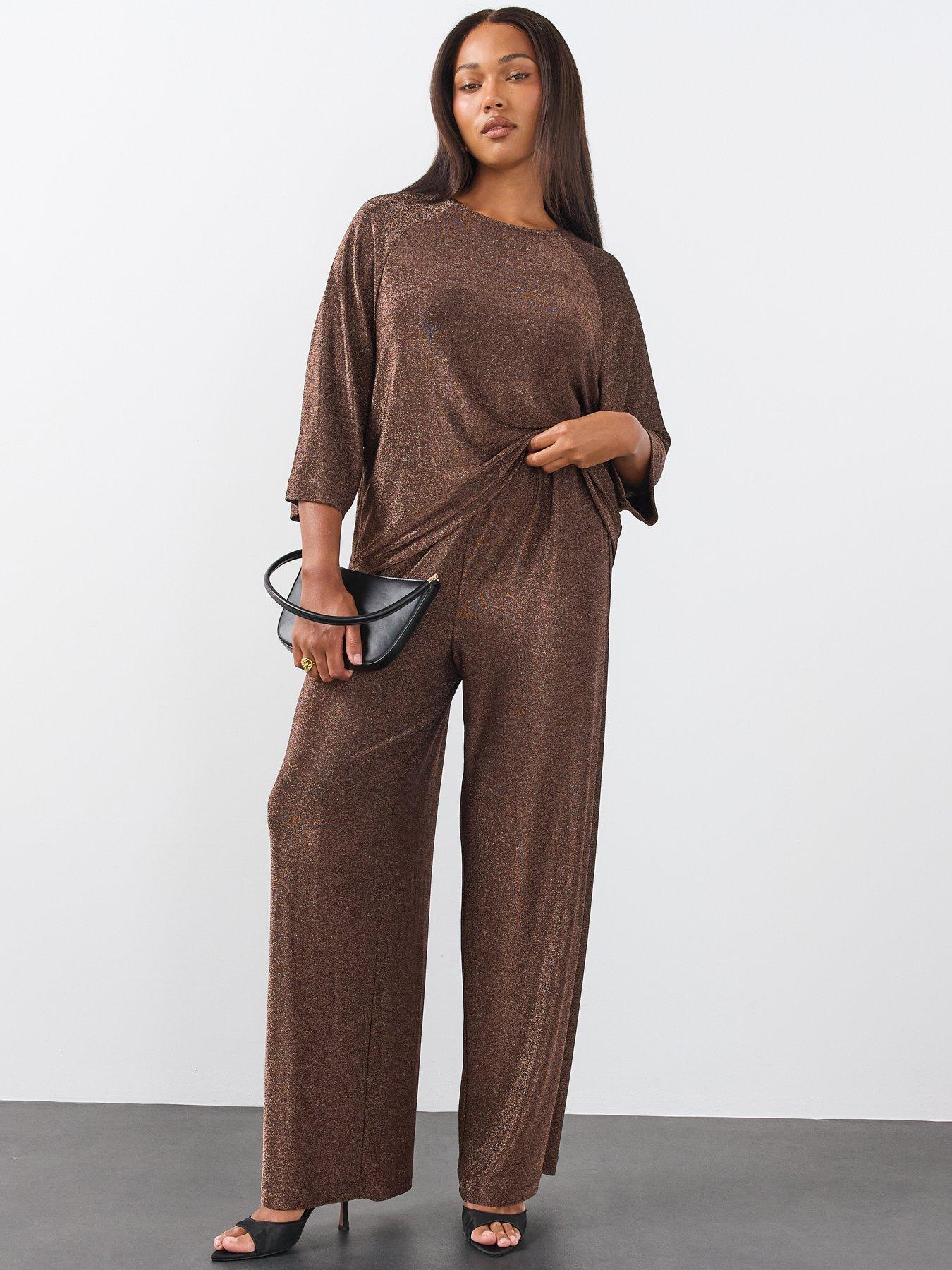 Image 5 of 6 of The Very Collection The Very Collection Womens Curve Lurex Wide Leg Trousers - Bronze