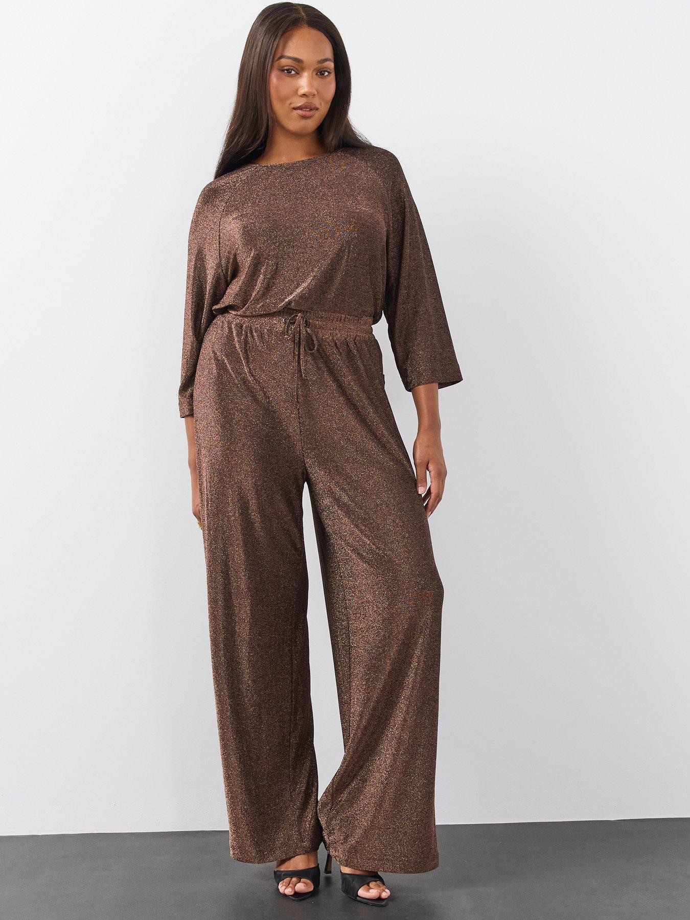 Image 6 of 6 of The Very Collection The Very Collection Womens Curve Lurex Wide Leg Trousers - Bronze
