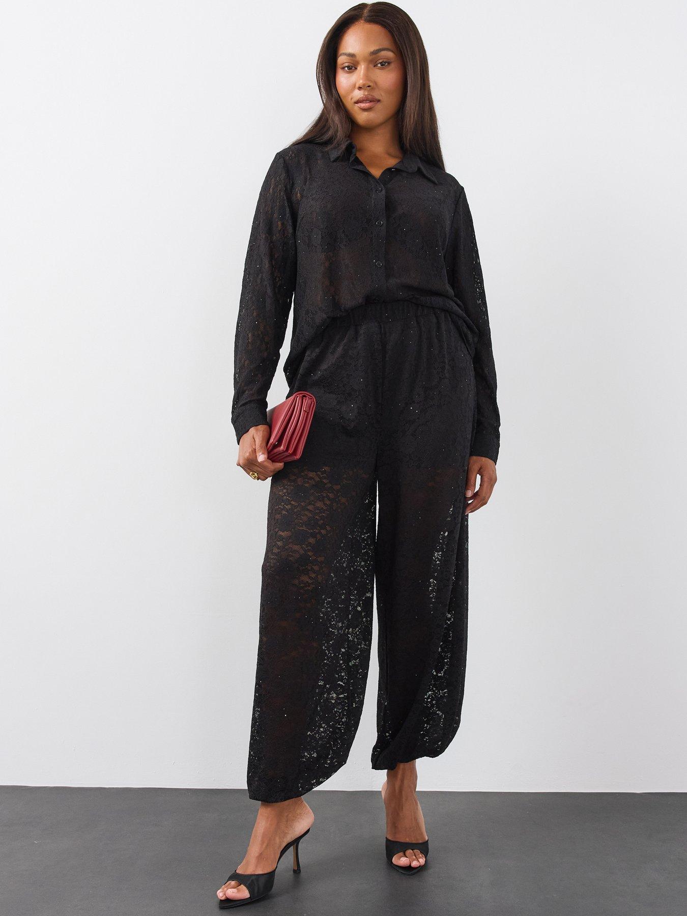 Image 1 of 6 of The Very Collection Womens Curve Lace Diamante Balloon Trousers - Black