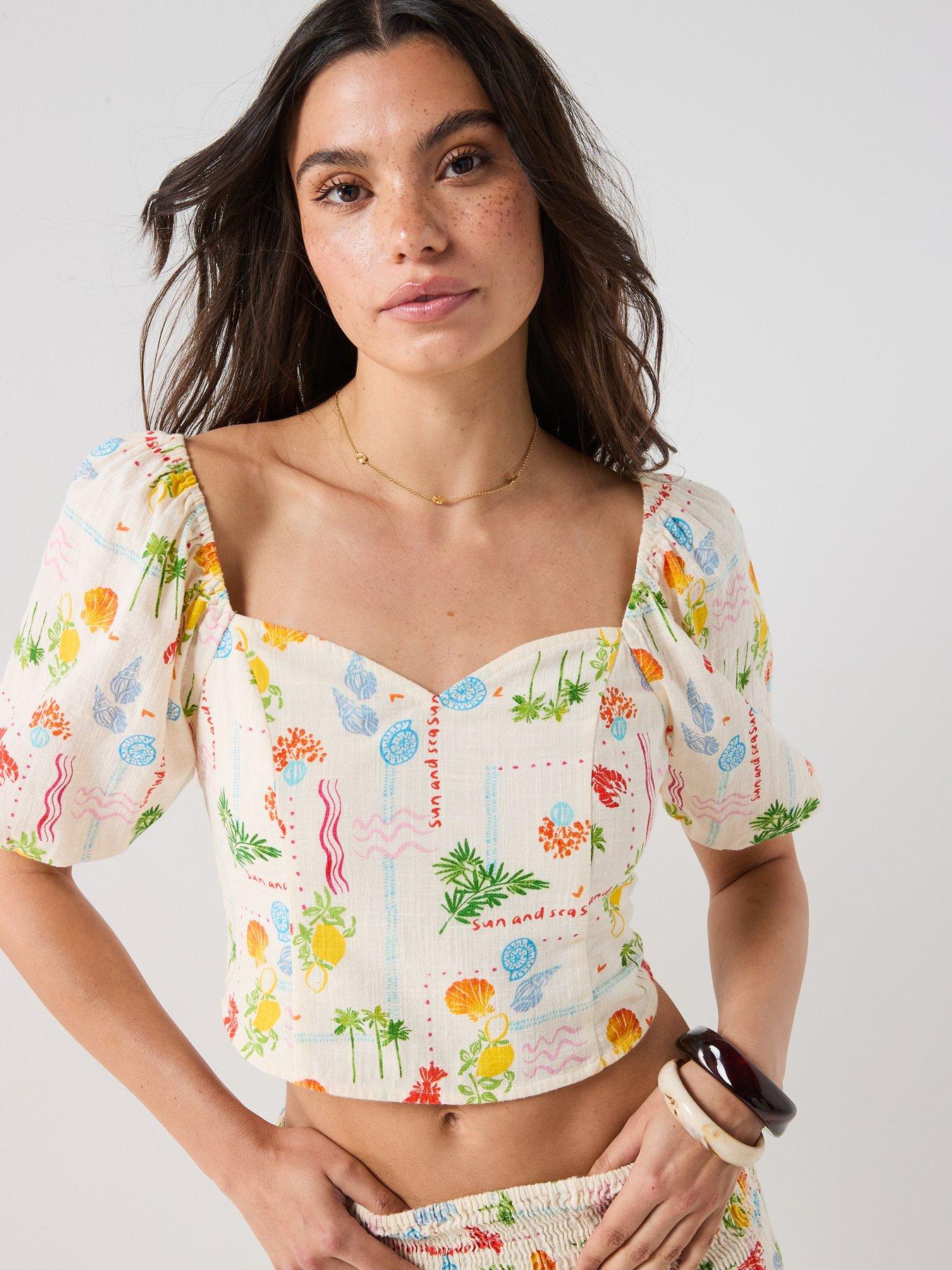 Image 1 of 6 of Vero Moda Vmelena Short Sleeve Smock Top - Beige