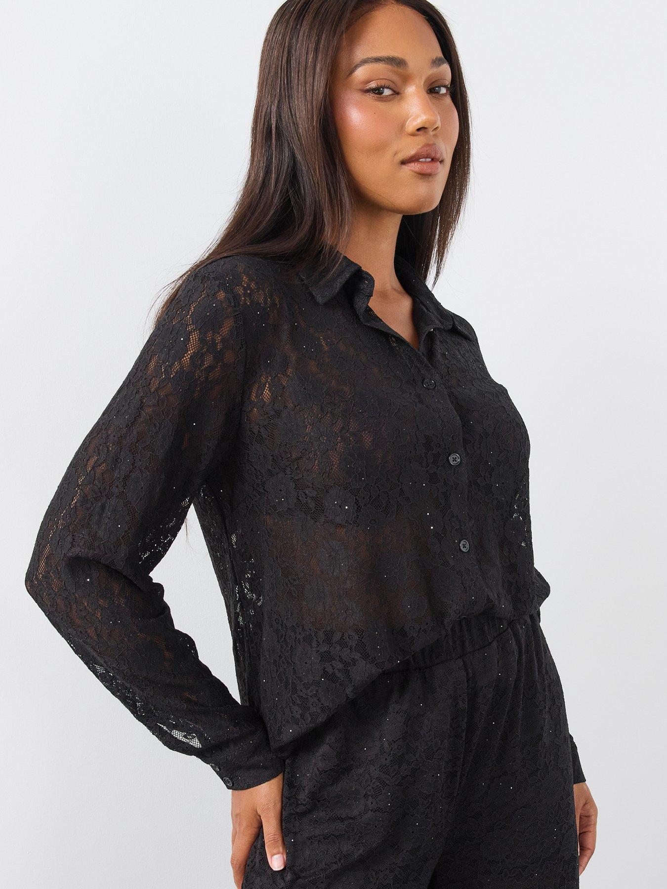 Image 1 of 6 of The Very Collection The Very Collection Womens Plus Size Lace Diamante Button-Through Shirt - Black