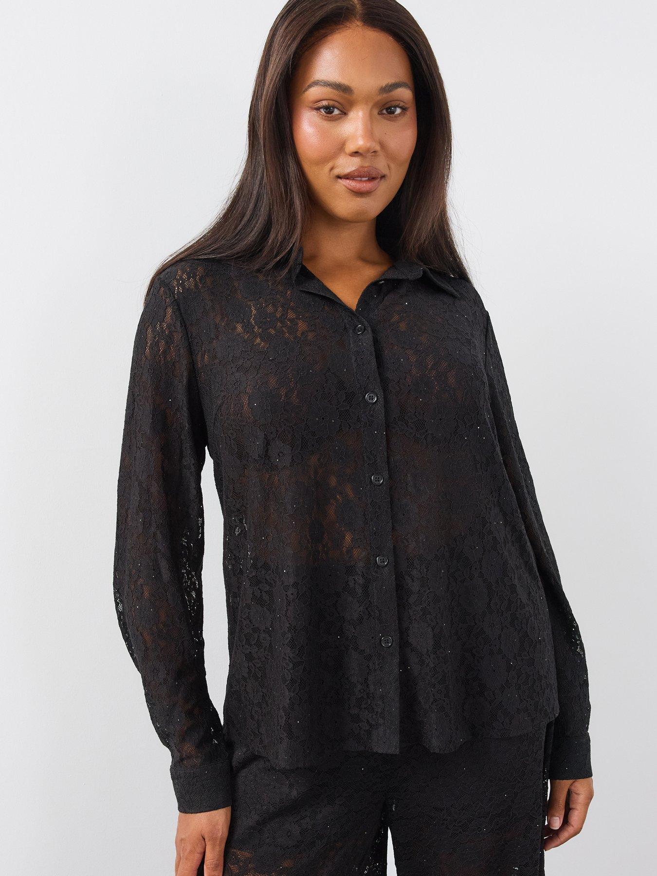 Image 6 of 6 of The Very Collection The Very Collection Womens Plus Size Lace Diamante Button-Through Shirt - Black