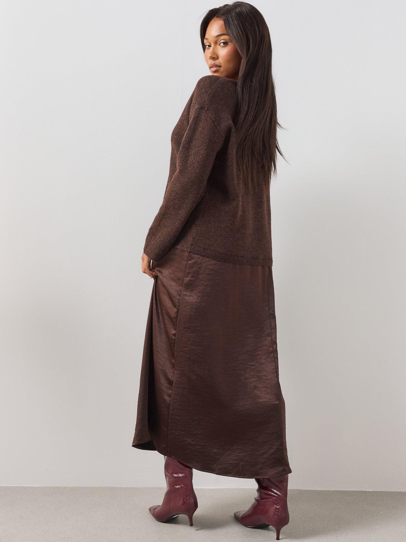 Image 2 of 6 of The Very Collection Curve 2 In 1 Satin Skirt Midi Dress - Brown