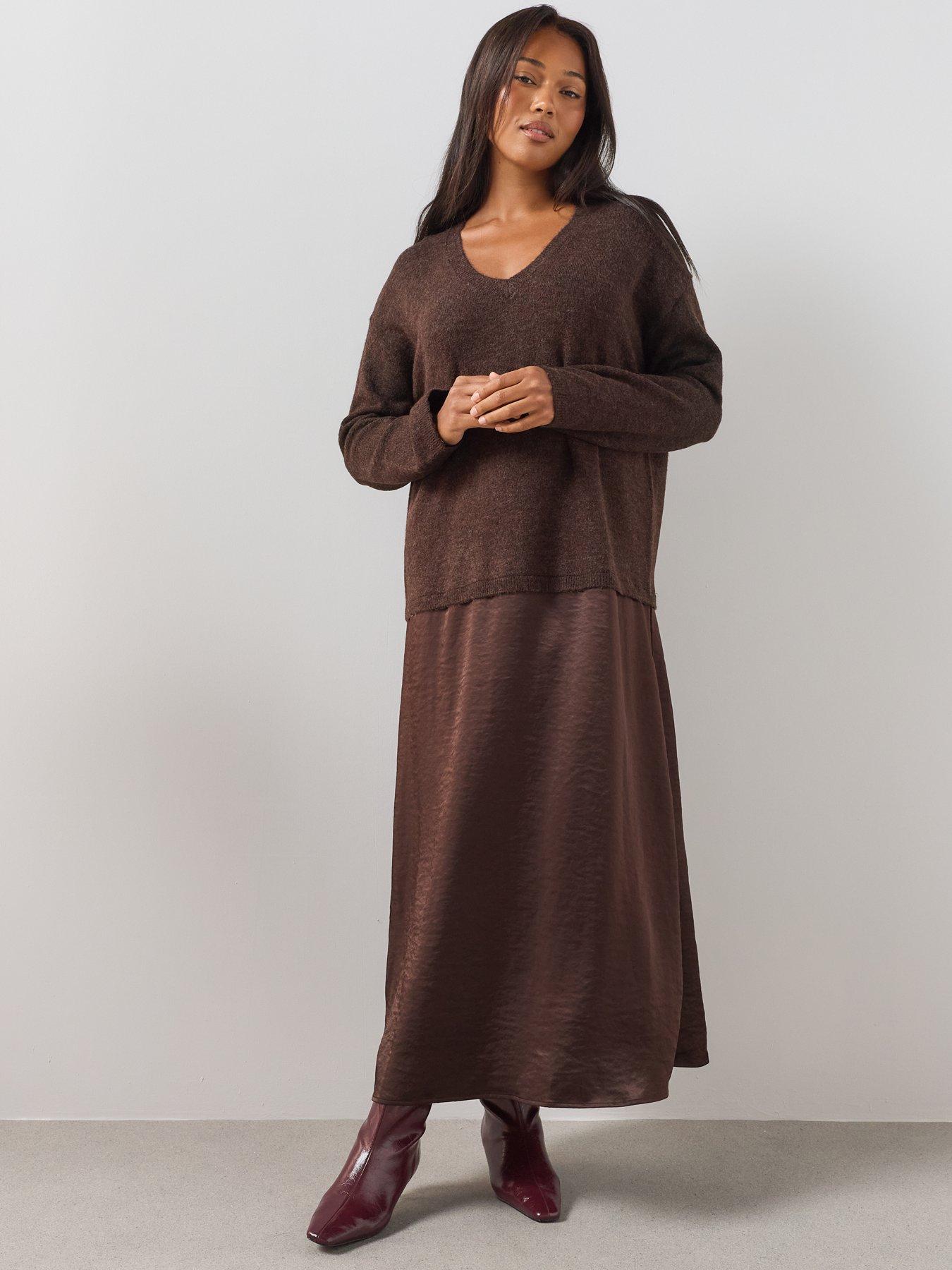 Image 3 of 6 of The Very Collection Curve 2 In 1 Satin Skirt Midi Dress - Brown