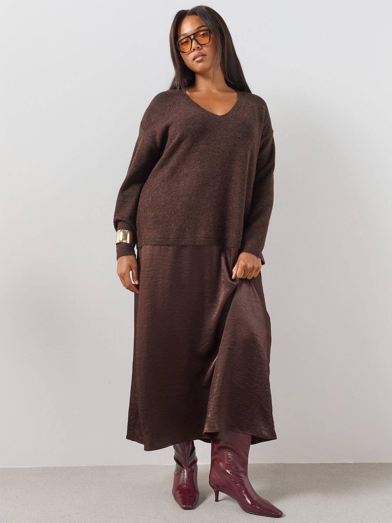 Image 4 of 6 of The Very Collection Curve 2 In 1 Satin Skirt Midi Dress - Brown