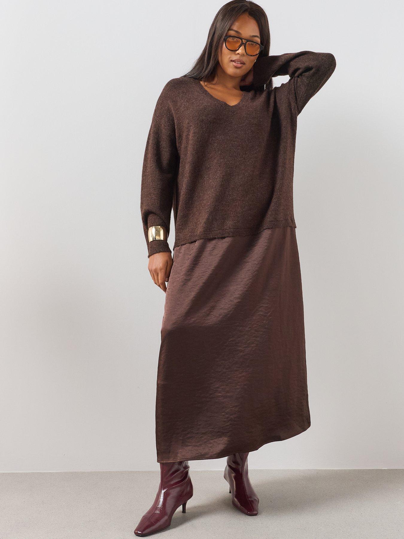 Image 6 of 6 of The Very Collection Curve 2 In 1 Satin Skirt Midi Dress - Brown