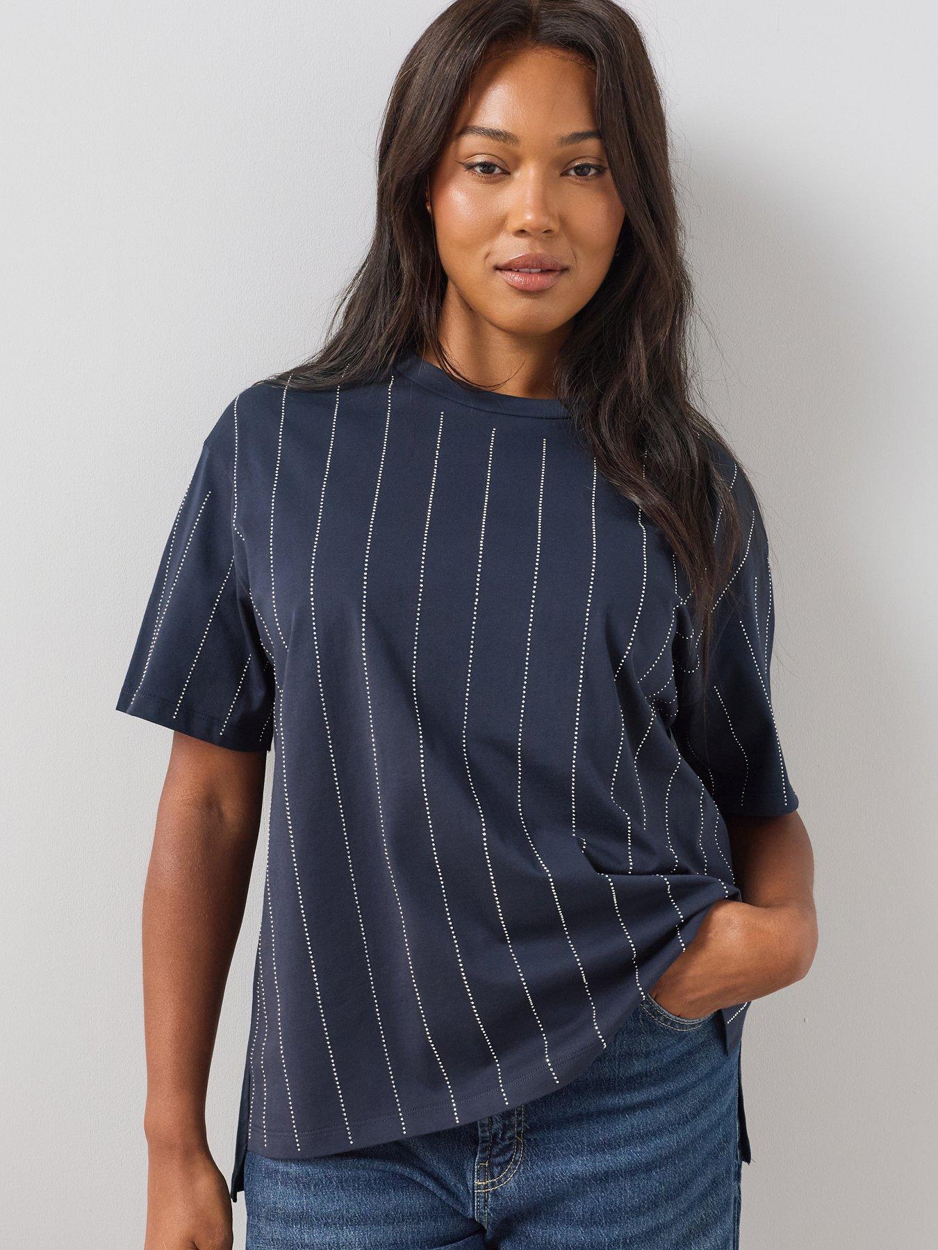 The Very Collection Curve Diamante Stripe T-Shirt - Navy