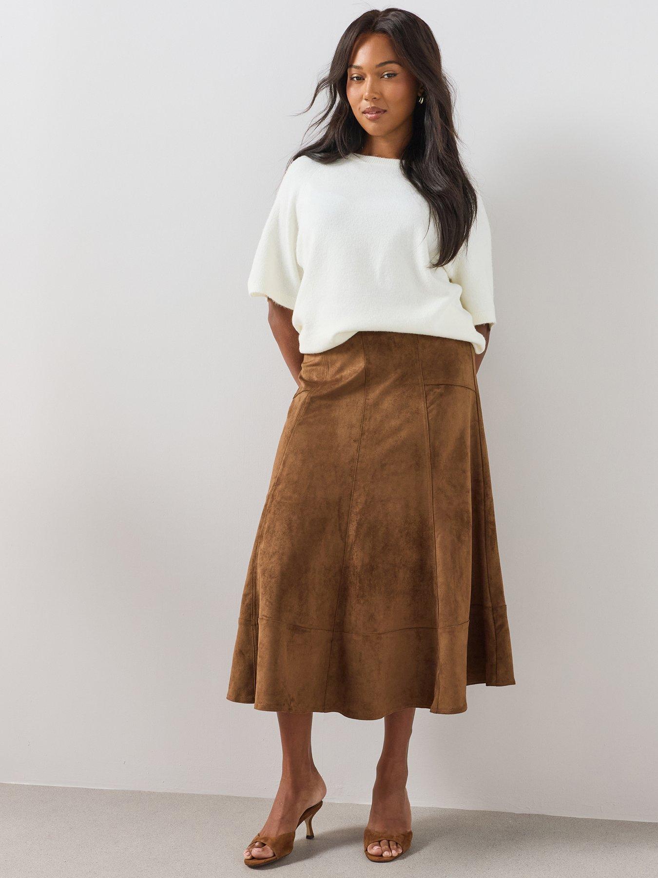 The Very Collection Curve Suedette Midi Skirt - Light Tan