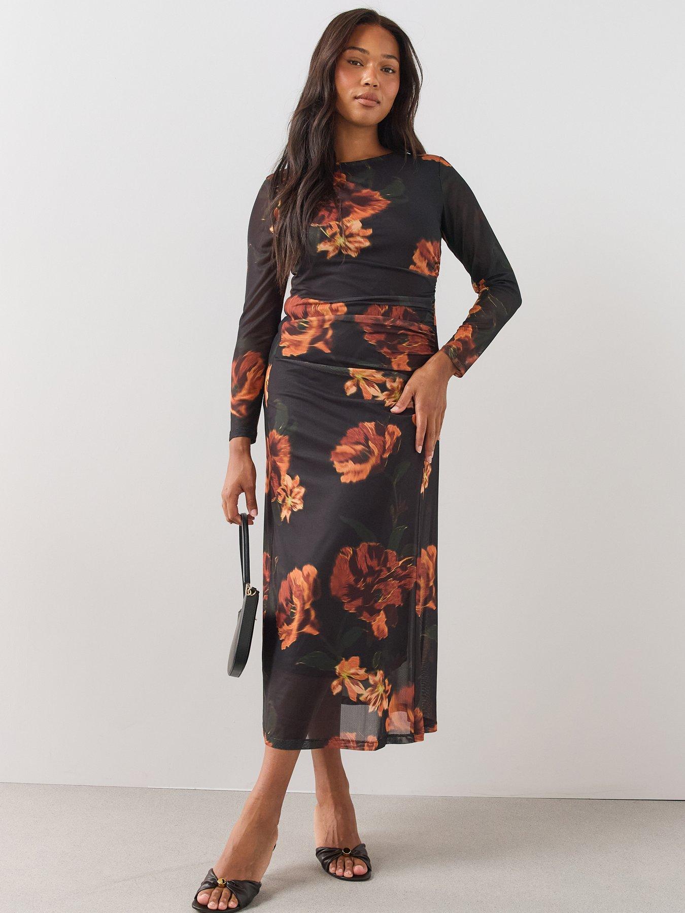 Image 1 of 6 of The Very Collection Womens Curve Printed Ruched Stretch Mesh Midi Dress - Print