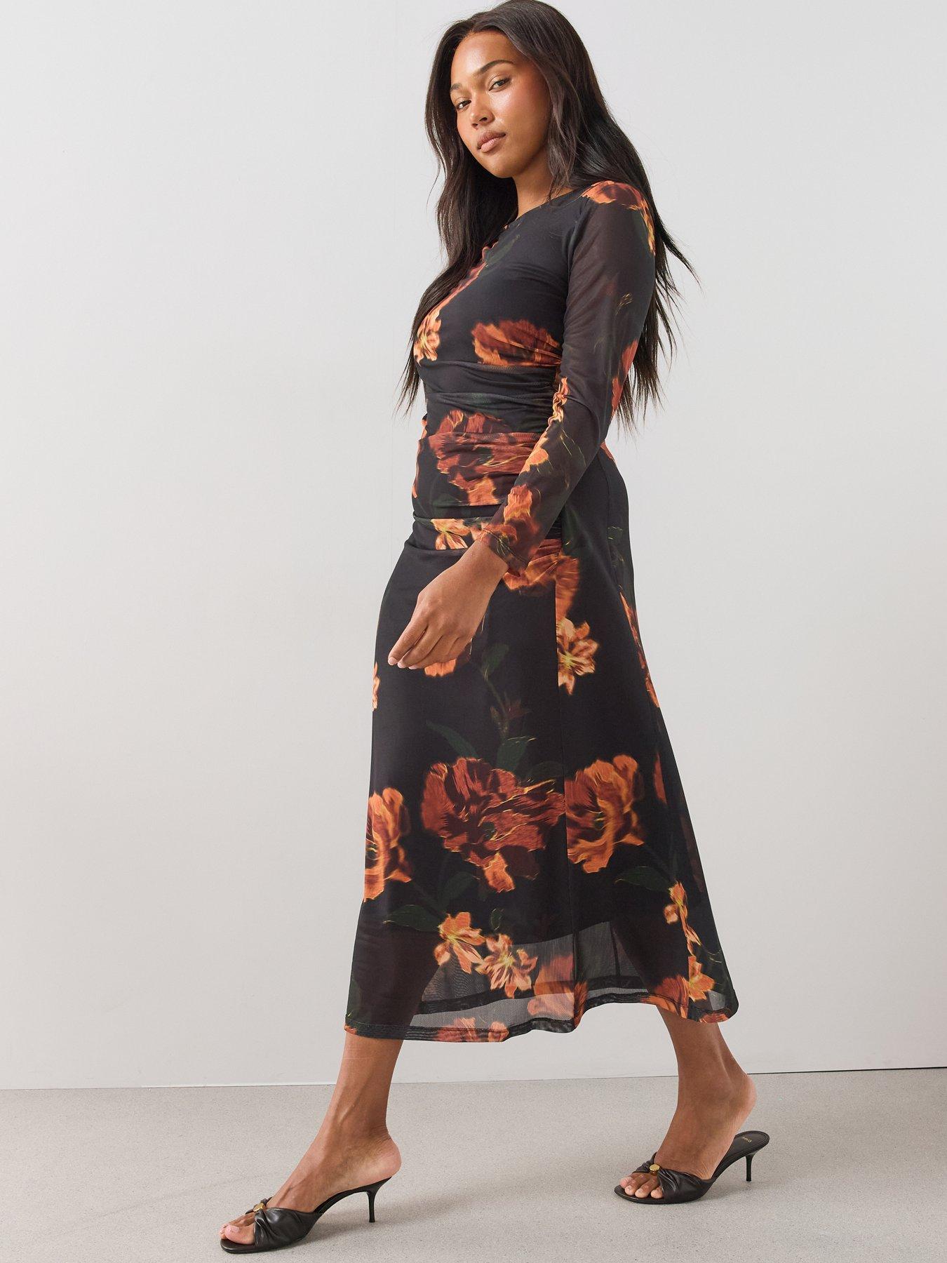Image 3 of 6 of The Very Collection Womens Curve Printed Ruched Stretch Mesh Midi Dress - Print