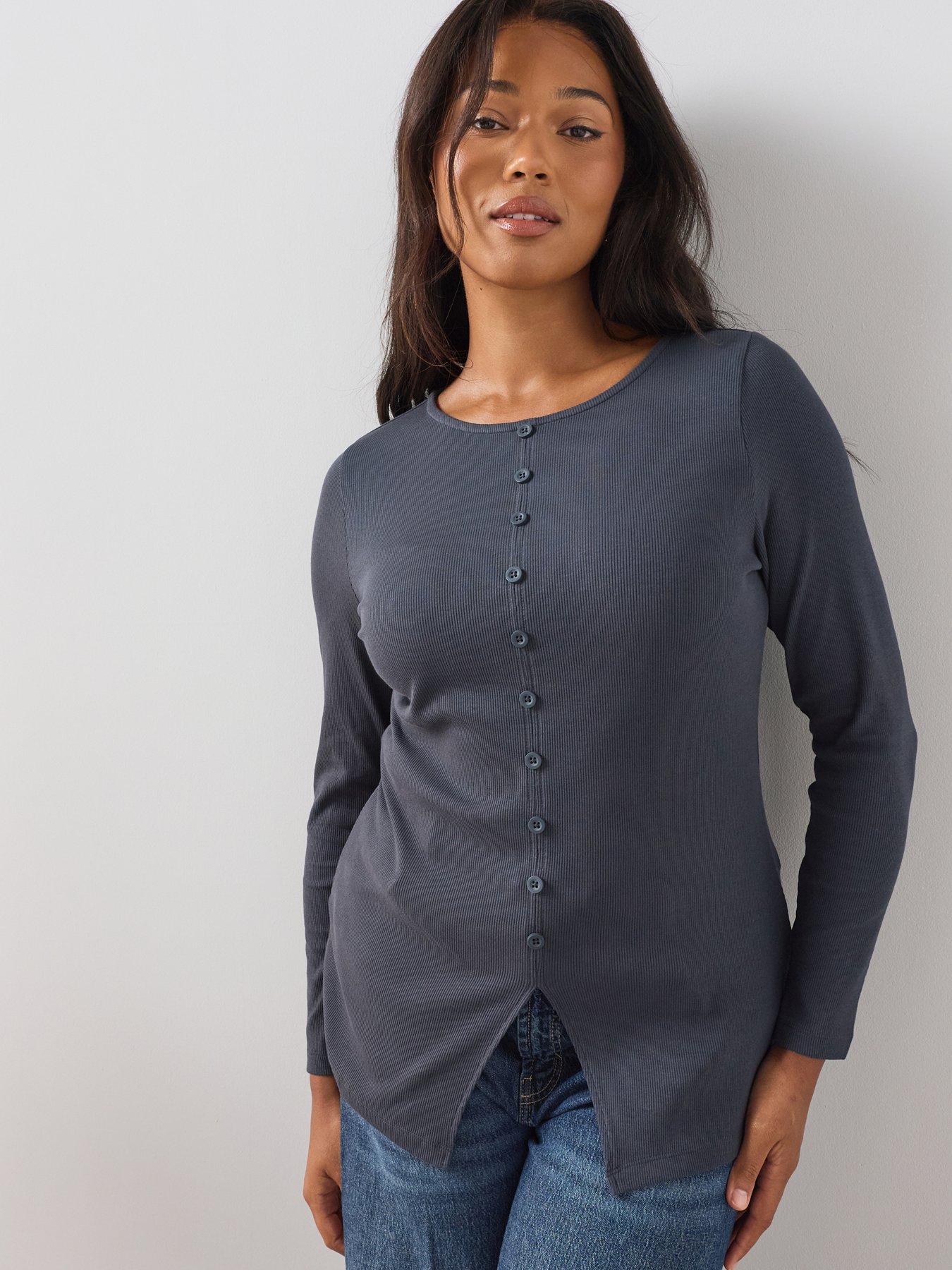 Image 1 of 6 of The Very Collection Curve Button Through Ribbed Stretch Top - Black