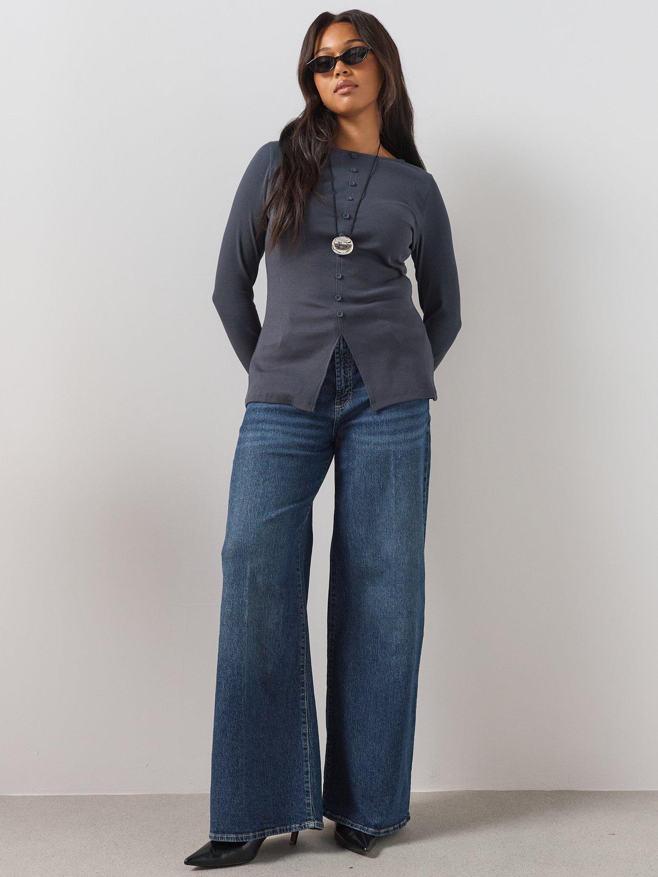 Image 3 of 6 of The Very Collection Curve Button Through Ribbed Stretch Top - Black