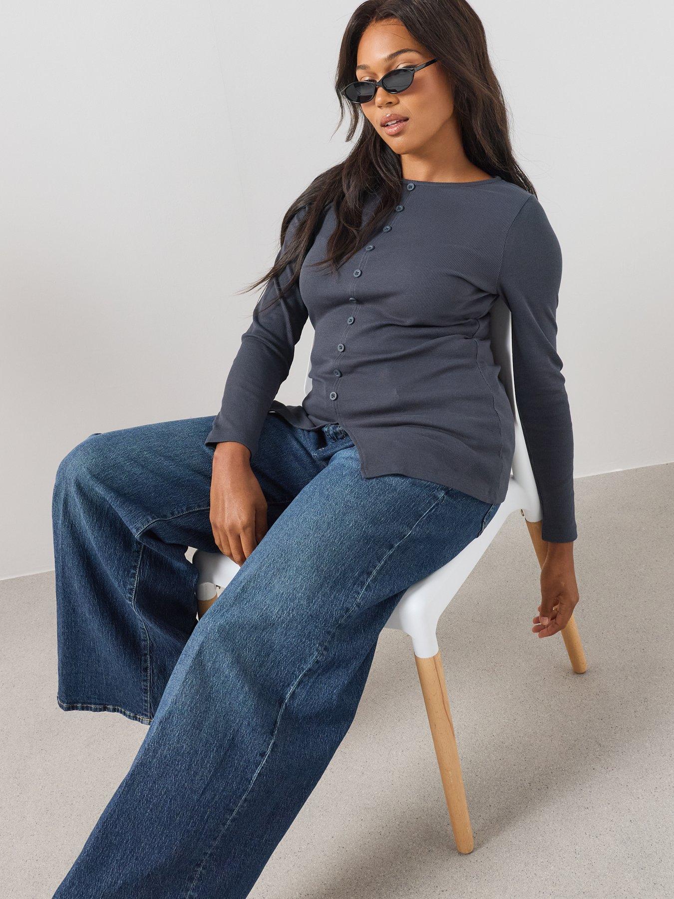 Image 4 of 6 of The Very Collection Curve Button Through Ribbed Stretch Top - Black