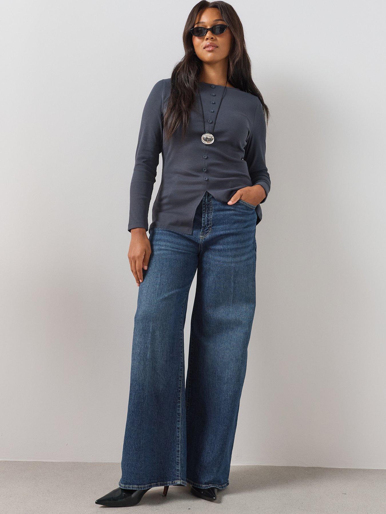 Image 5 of 6 of The Very Collection Curve Button Through Ribbed Stretch Top - Black