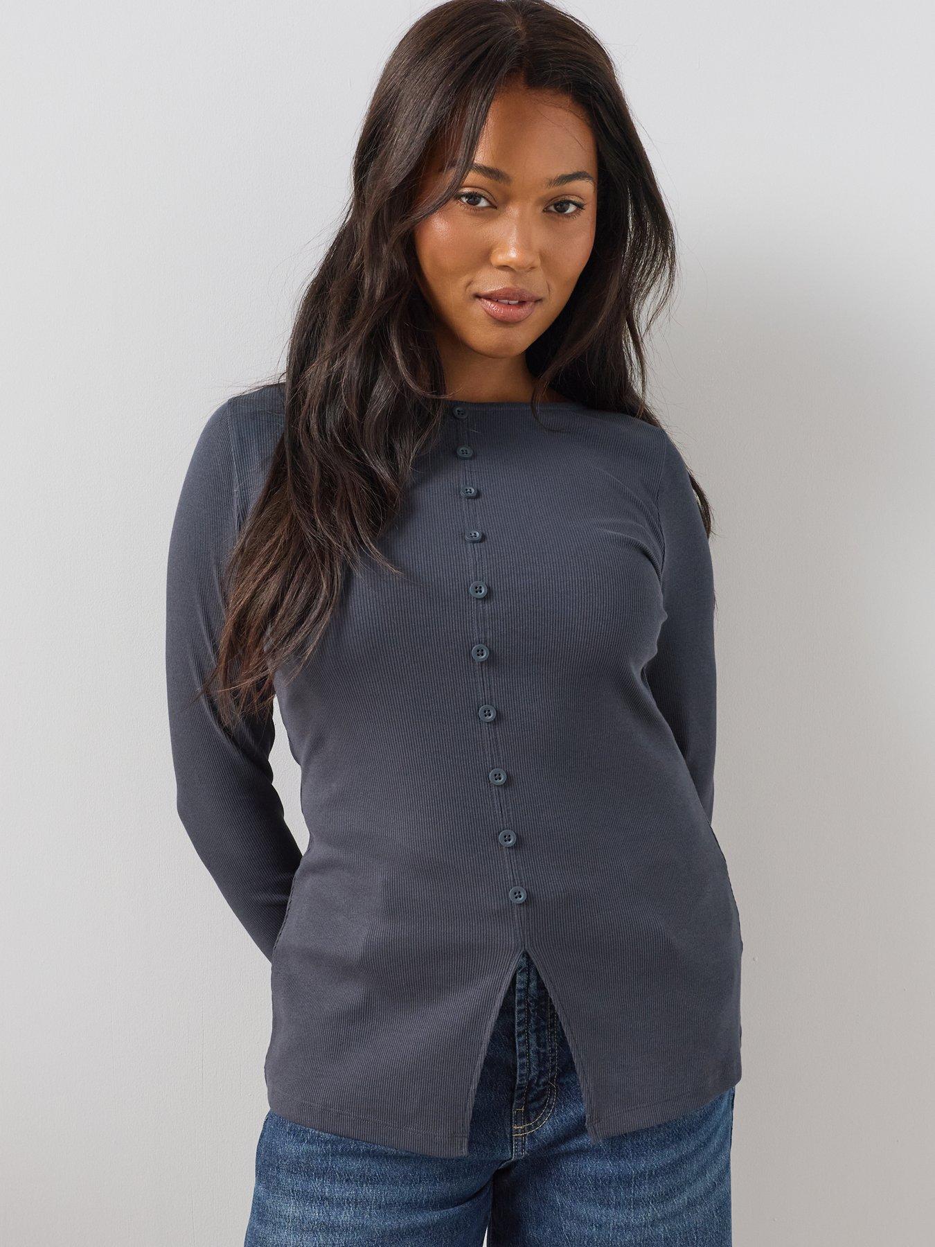 Image 6 of 6 of The Very Collection Curve Button Through Ribbed Stretch Top - Black