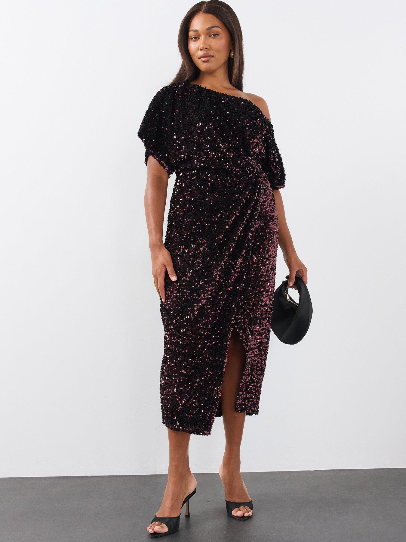 Image 1 of 6 of The Very Collection Womens Curve Off Shoulder Sequin Midi Dress - Burgundy