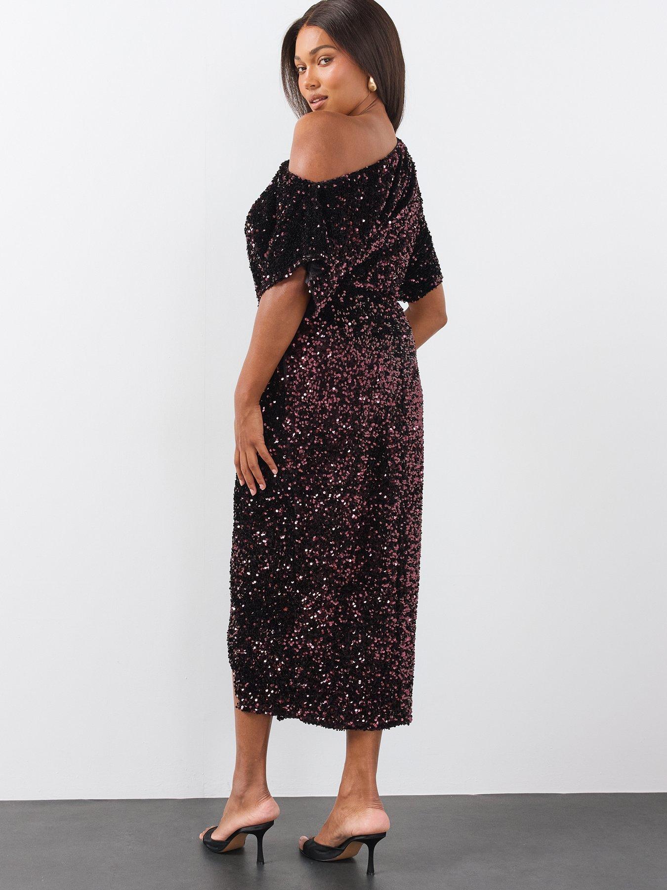 Image 2 of 6 of The Very Collection Womens Curve Off Shoulder Sequin Midi Dress - Burgundy
