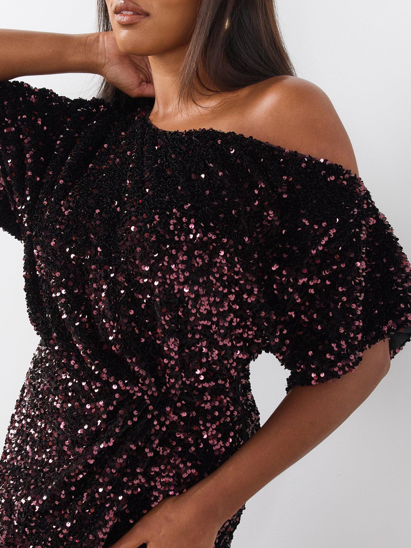 Image 4 of 6 of The Very Collection Womens Curve Off Shoulder Sequin Midi Dress - Burgundy