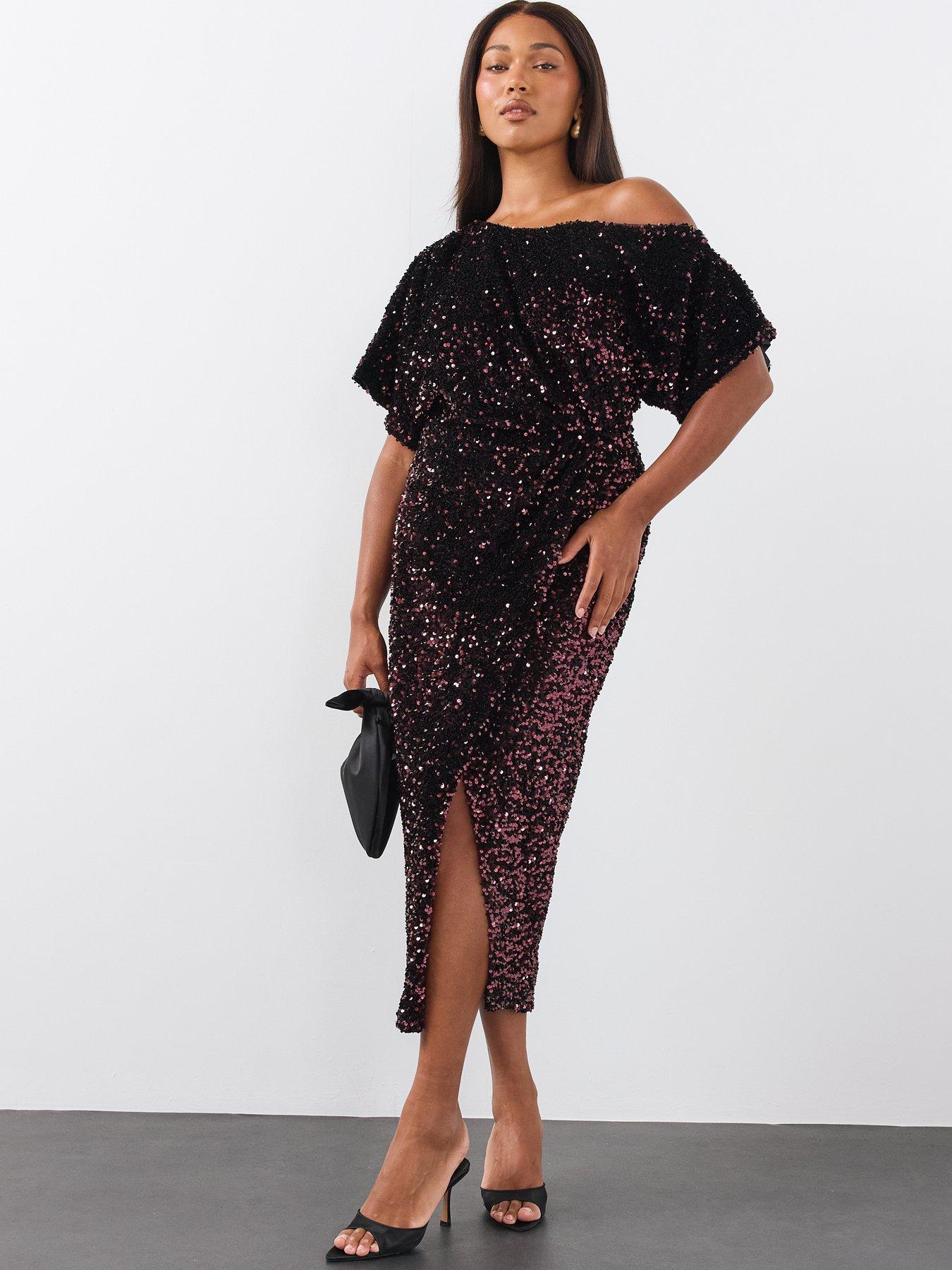 Image 5 of 6 of The Very Collection Womens Curve Off Shoulder Sequin Midi Dress - Burgundy