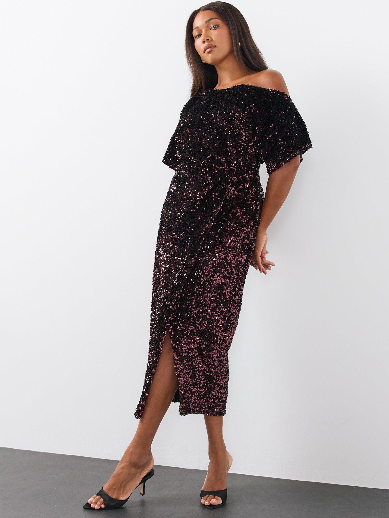 Image 6 of 6 of The Very Collection Womens Curve Off Shoulder Sequin Midi Dress - Burgundy