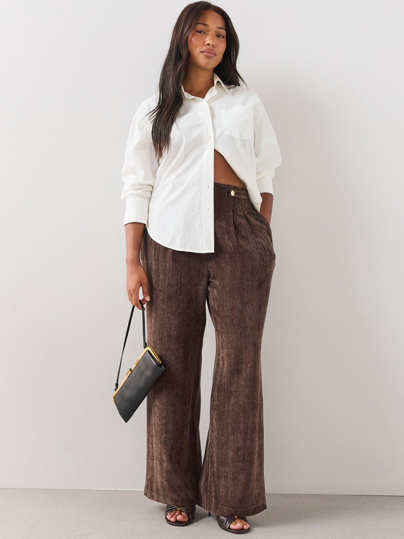 Image 1 of 6 of The Very Collection Womens Curve Pleat Detail Textured Wide Leg Trousers - Brown