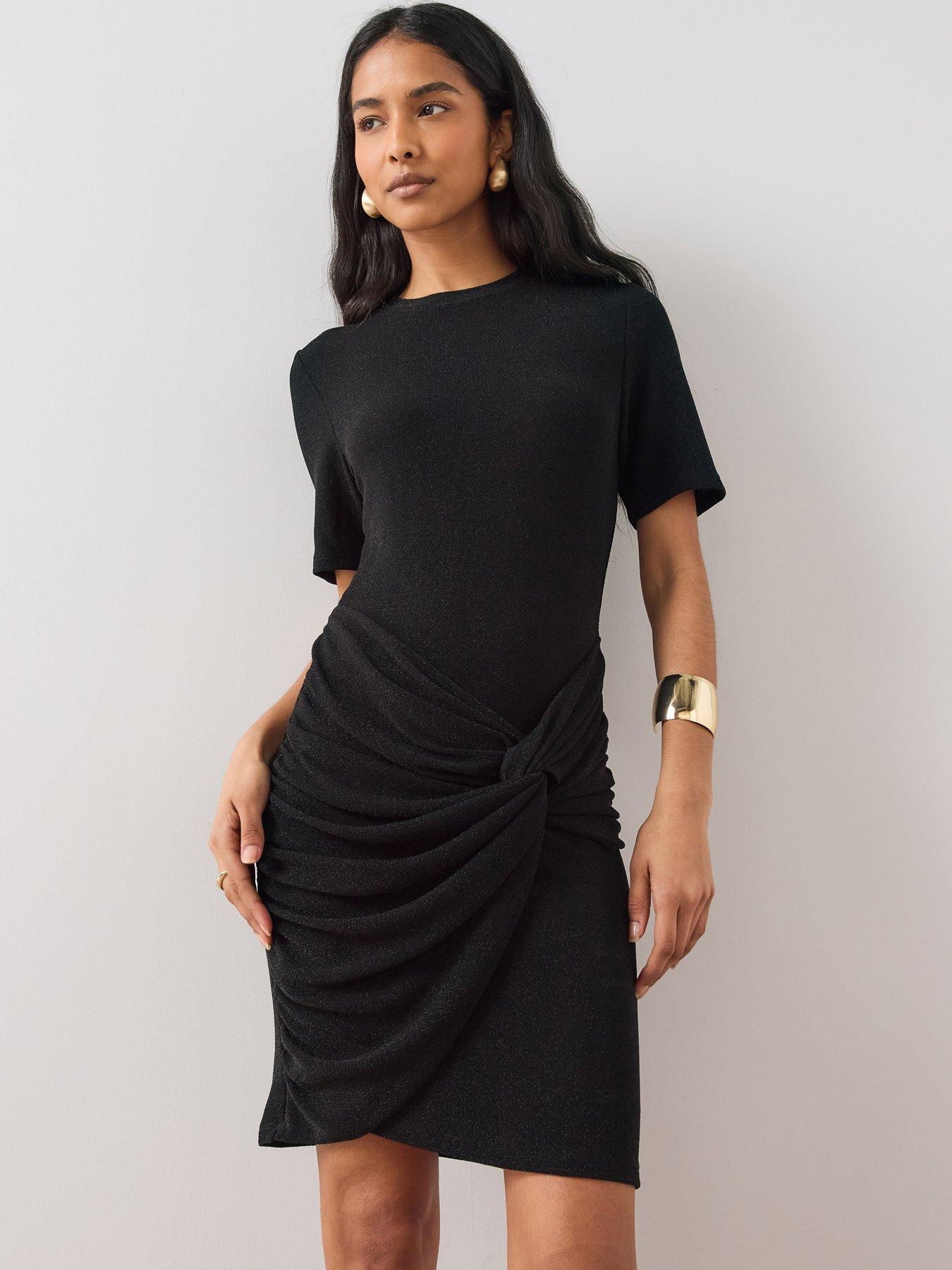 Image 1 of 6 of The Very Collection Womens Shimmer Gathered Mini T-Shirt Dress - Black
