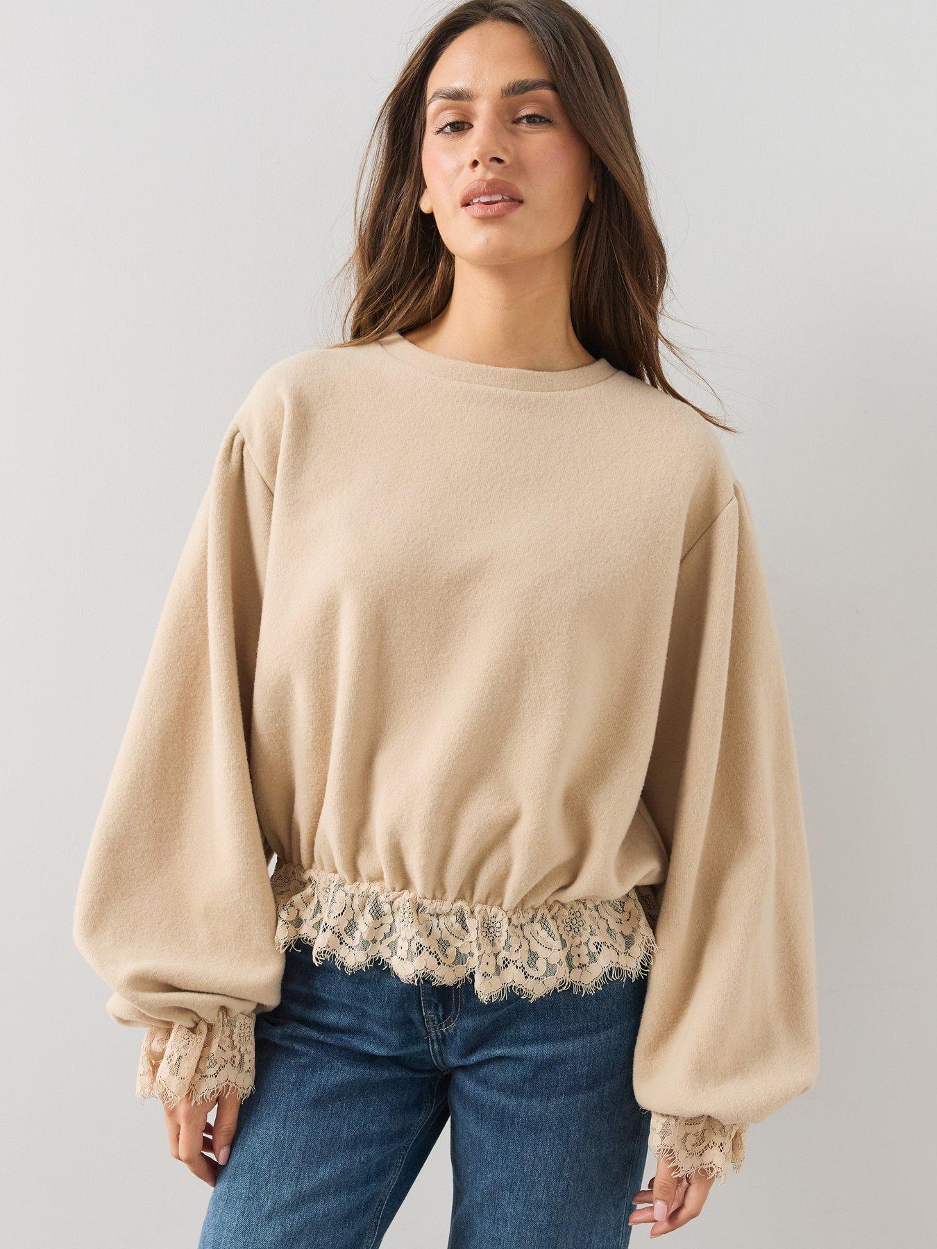 Image 1 of 6 of The Very Collection Womens Lace Hem Balloon Sleeve Sweatshirt - Neutral
