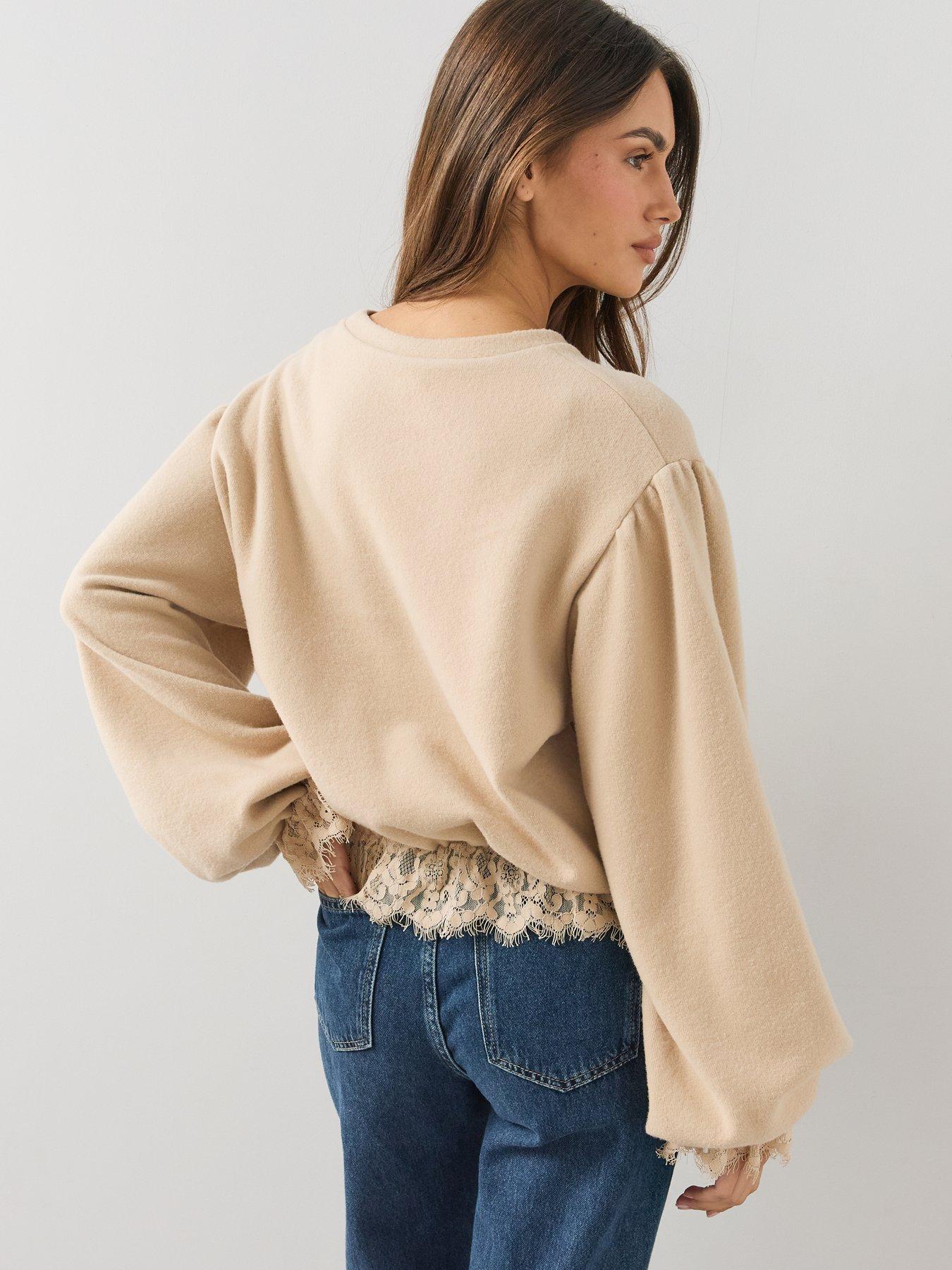 Image 2 of 6 of The Very Collection Womens Lace Hem Balloon Sleeve Sweatshirt - Neutral