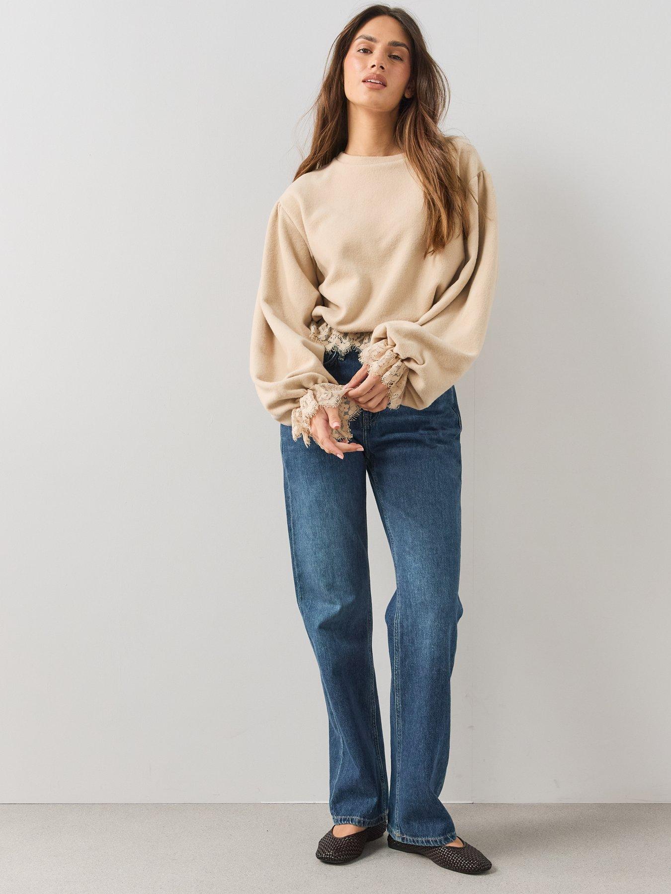 Image 6 of 6 of The Very Collection Womens Lace Hem Balloon Sleeve Sweatshirt - Neutral