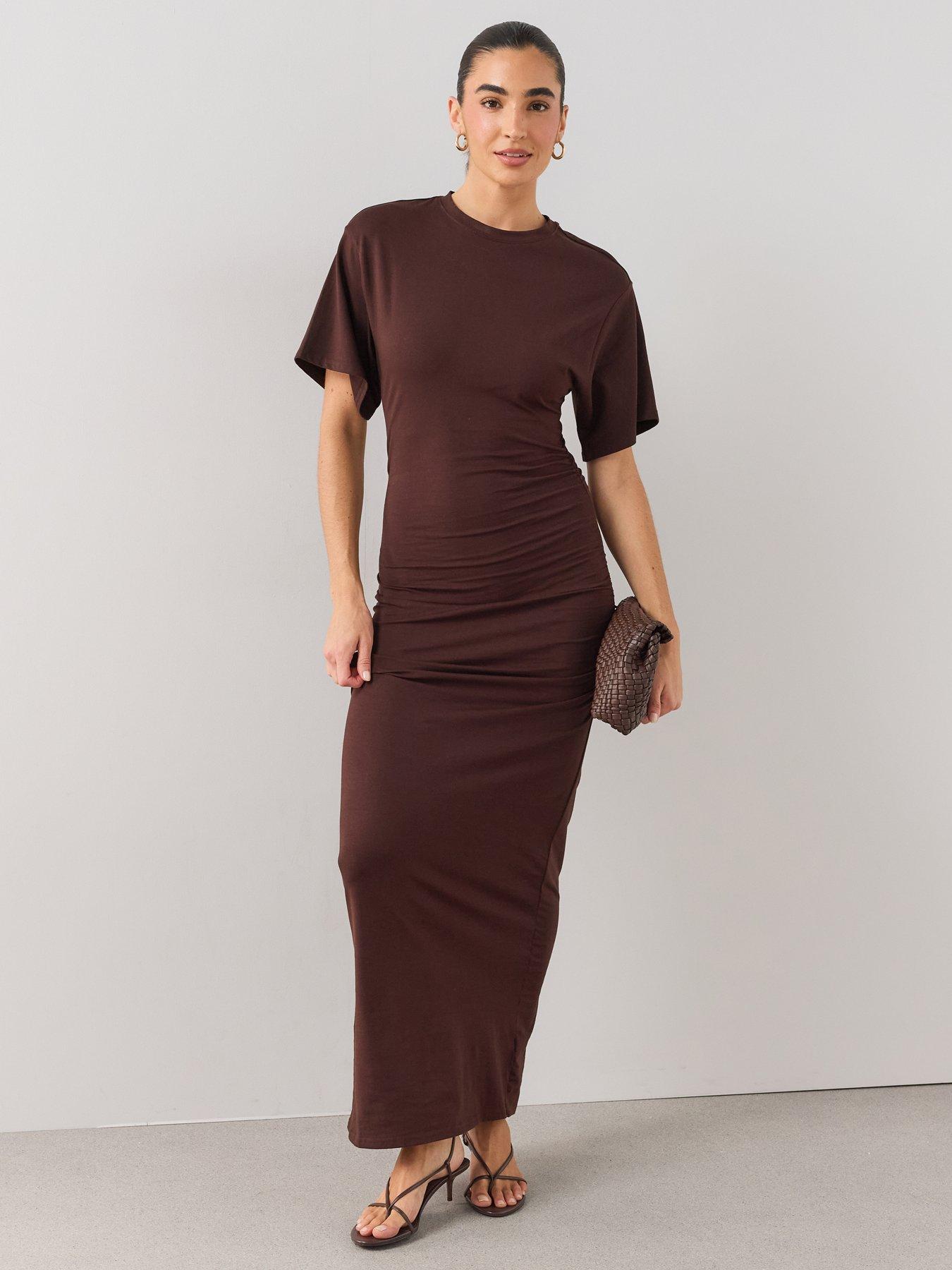 Image 1 of 6 of The Very Collection Draped Short Sleeve Midaxi Dress - Brown