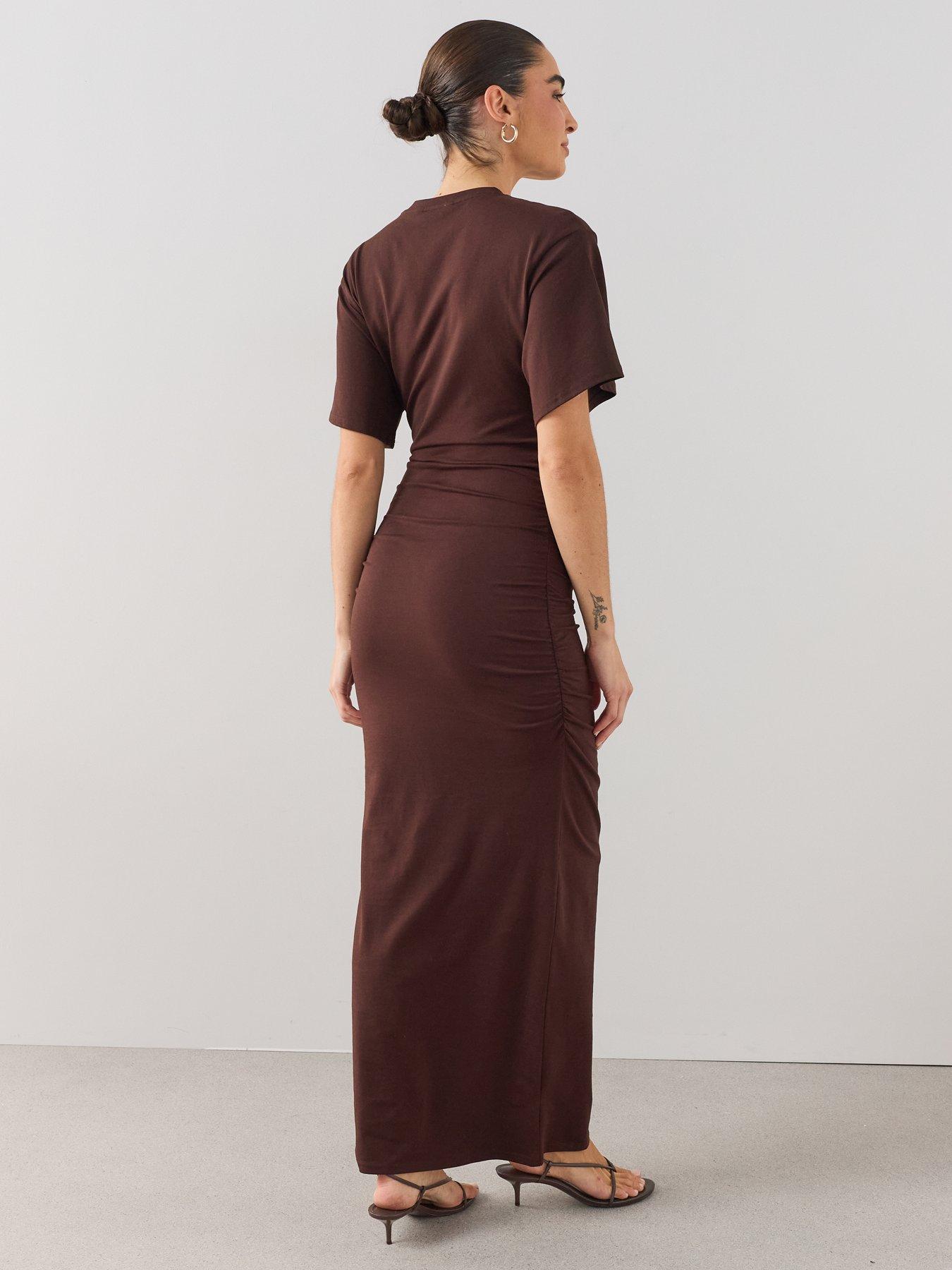 Image 2 of 6 of The Very Collection Draped Short Sleeve Midaxi Dress - Brown